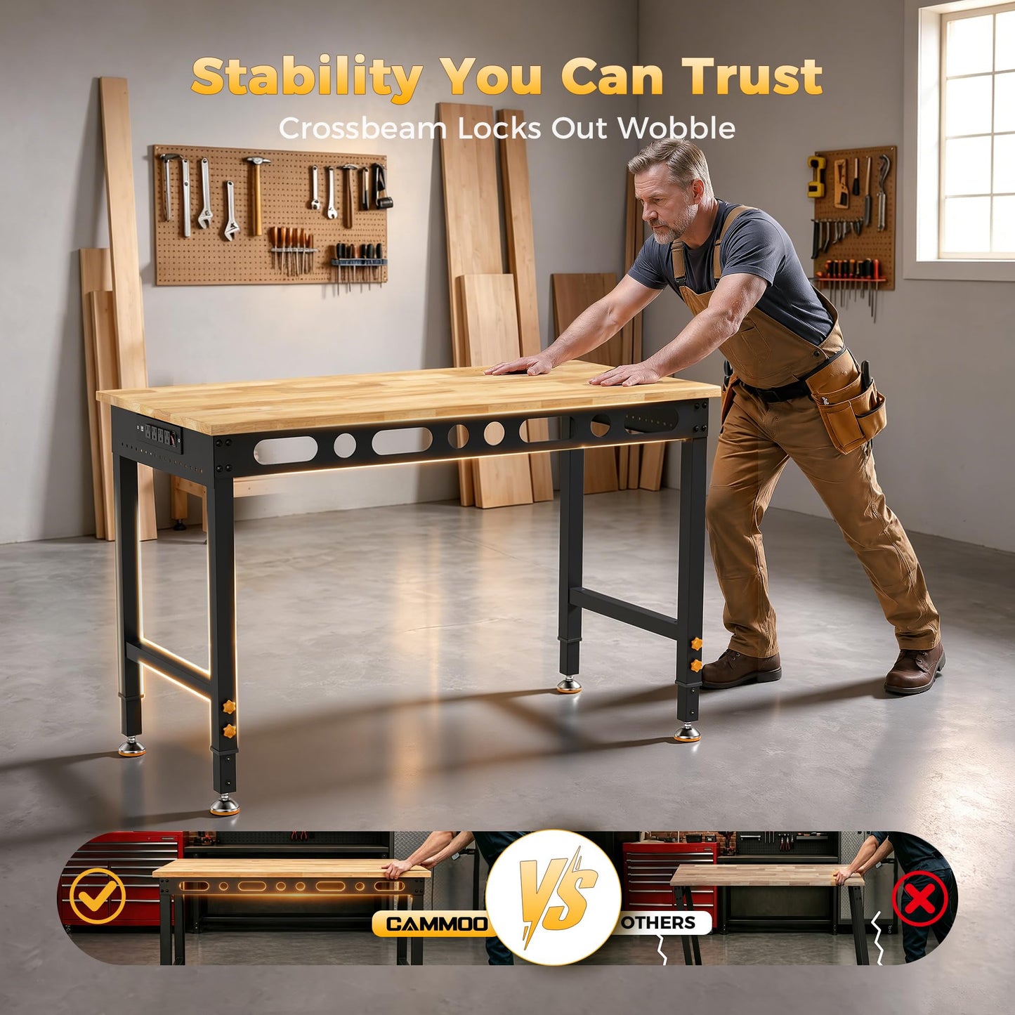 CAMMOO 48 Inch Adjustable Workbench 2000 LBS Capacity, Power Strip, Solid Rubber Wood Top, Heavy Duty Craft Work Table for Home, Garage, Workshop, and Office