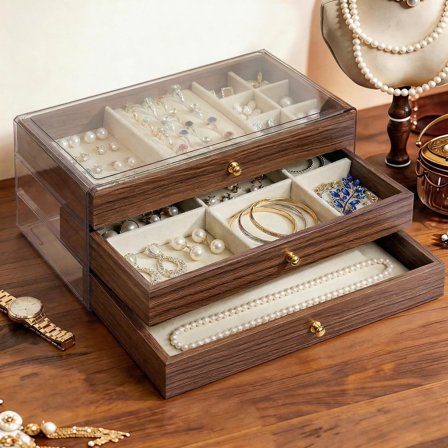 Simple Supplies Wooden Jewelry Box for Women, 3-Layer Jewelry Organizers and Storage with 3 Drawers & Velvet Trays, Large Earring Holder, Necklace Ring Travel Case, Gift Box for Drawer, Wood