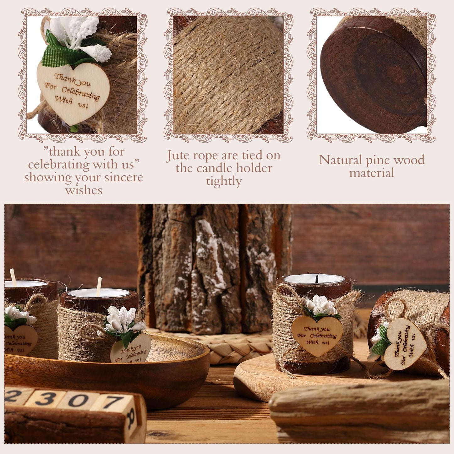 Treela 12 Pcs Wood Tealight Candle Holder Bridal Shower Tealight Holder Rustic Wooden Cylinder Candle Holders with Tea Lights Candles for Wedding Baby Shower Party Favors Gift(Brown)