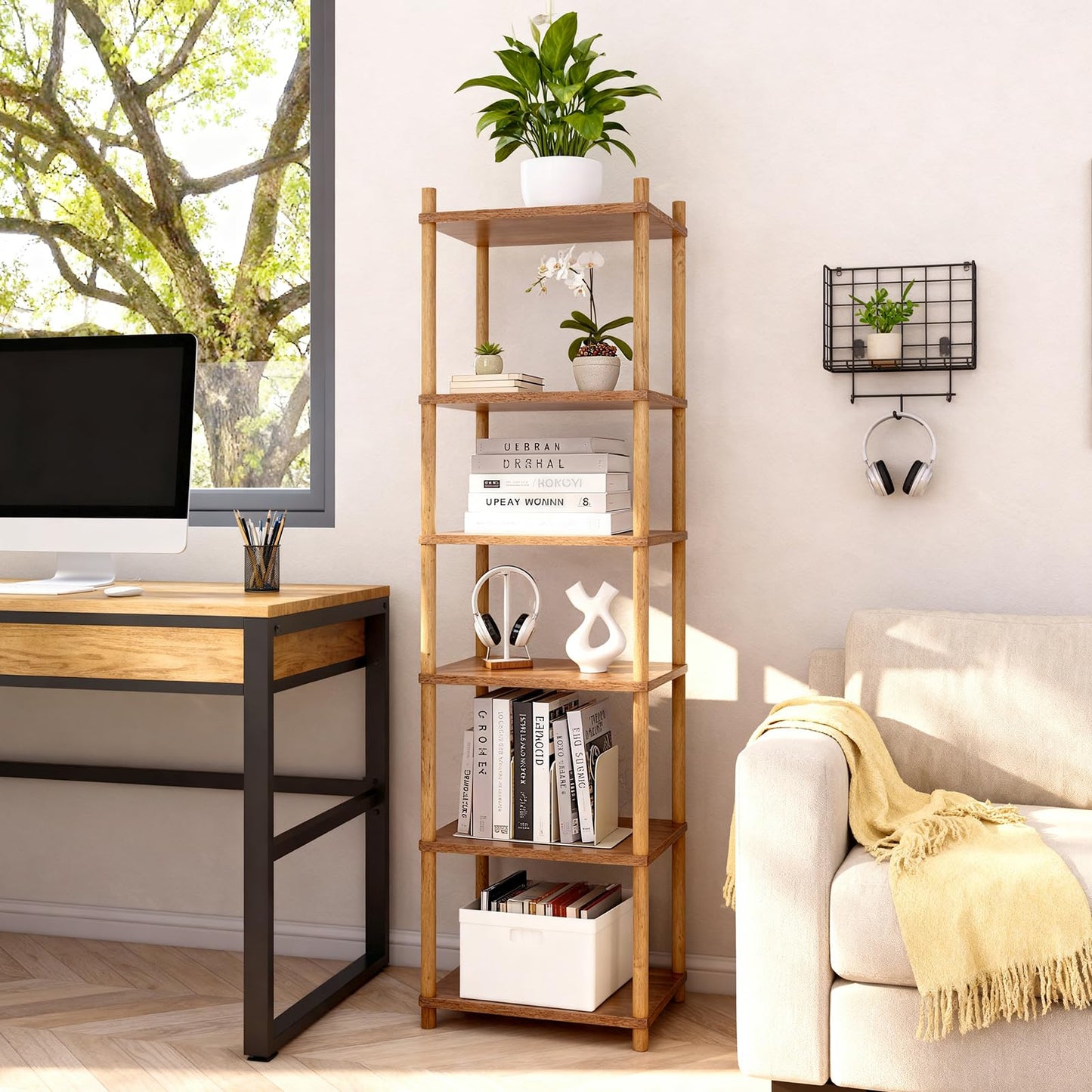 YGYQZ Bookshelf, 6-Tier High Vertical Book Shelf with Large Capacity, DIY Stackable Wooden and Metal Bookshelf Organizer, Suitable for Living Rooms, Offices, Bedrooms, and Studies