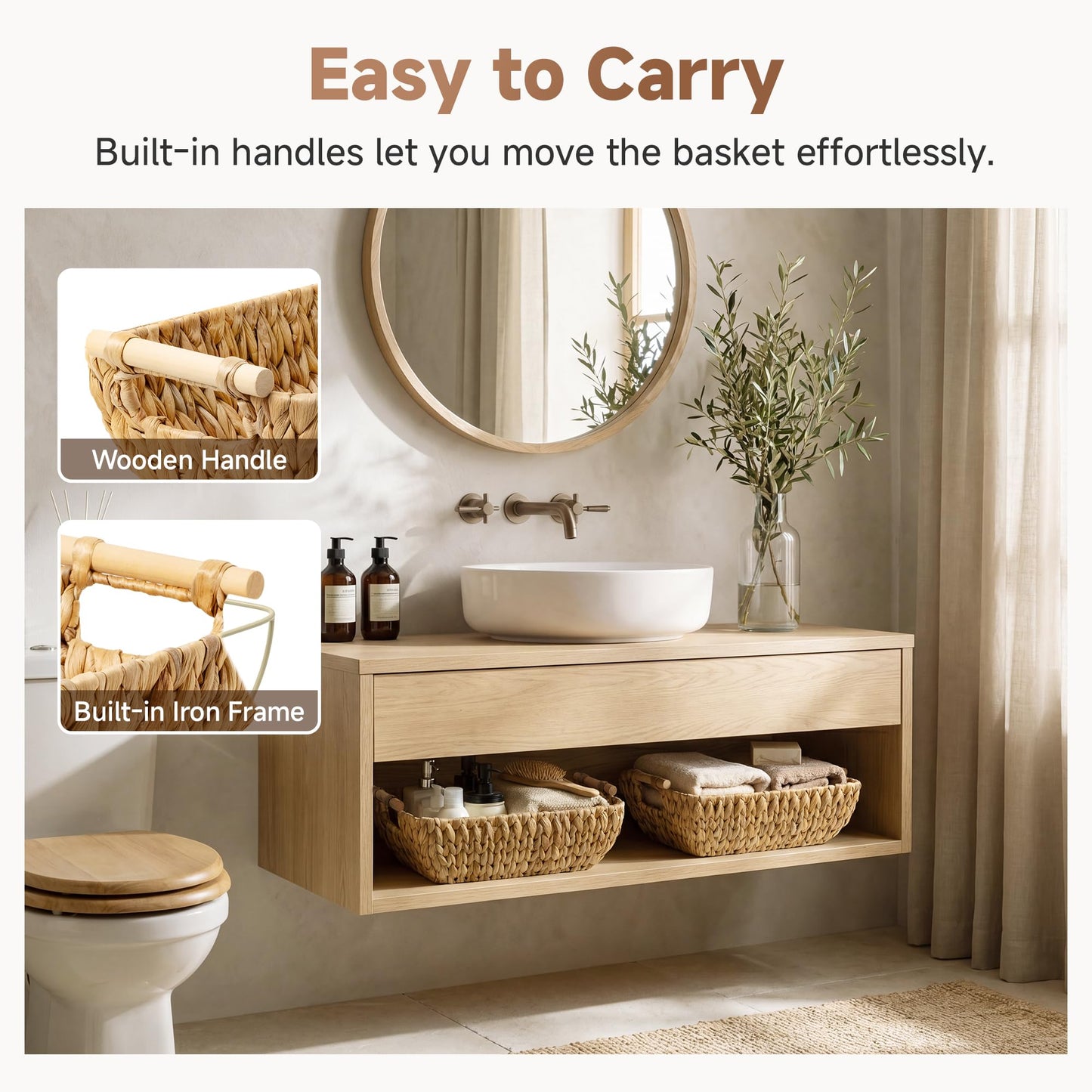 StorageWorks Hand-Woven Storage Baskets with Wooden Handles, Water Hyacinth Wicker Baskets for Organizing, 2 Pack