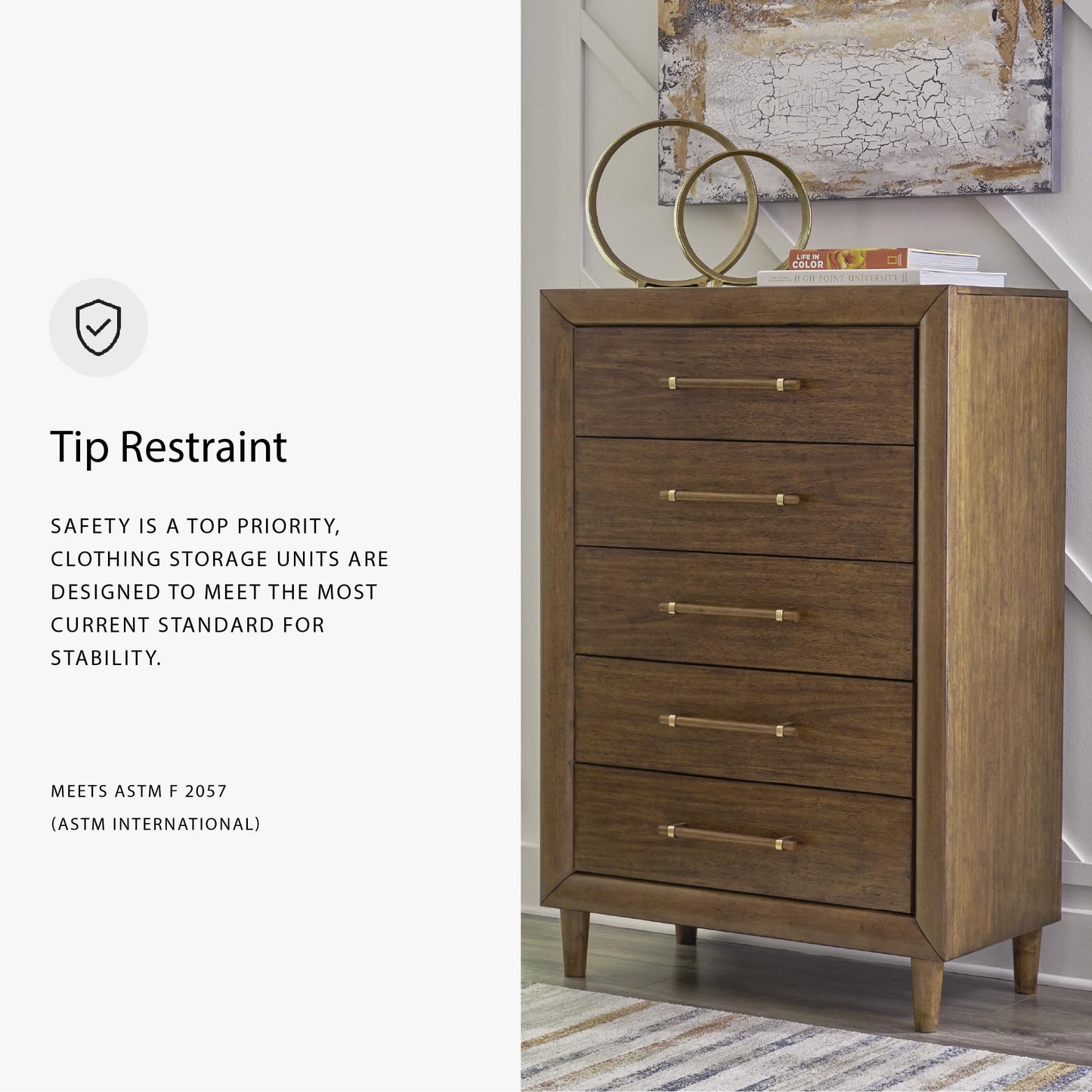Signature Design by Ashley Lyncott Casual 5 Drawer Chest with Felt-Lined Top Drawer and Safety Stop for Bedroom, Dark Brown