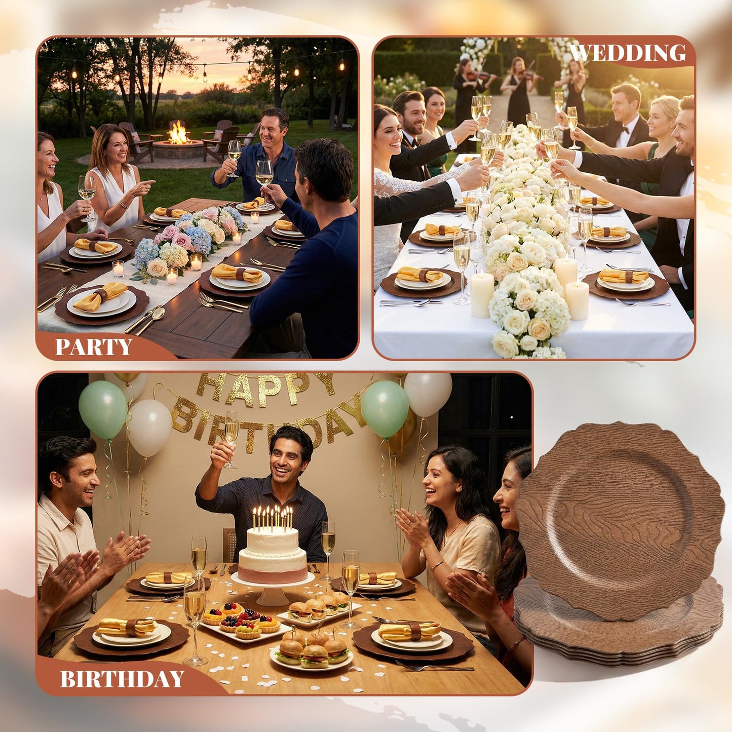 Havawish 6 Set 13" Rustic Brown Wooden Textured Acrylic Charger Plates with Handmade Acacia Wood Napkin Ring, Farmhouse Round Charger with Scalloped Rim for Dining Weddings Party Table Decor