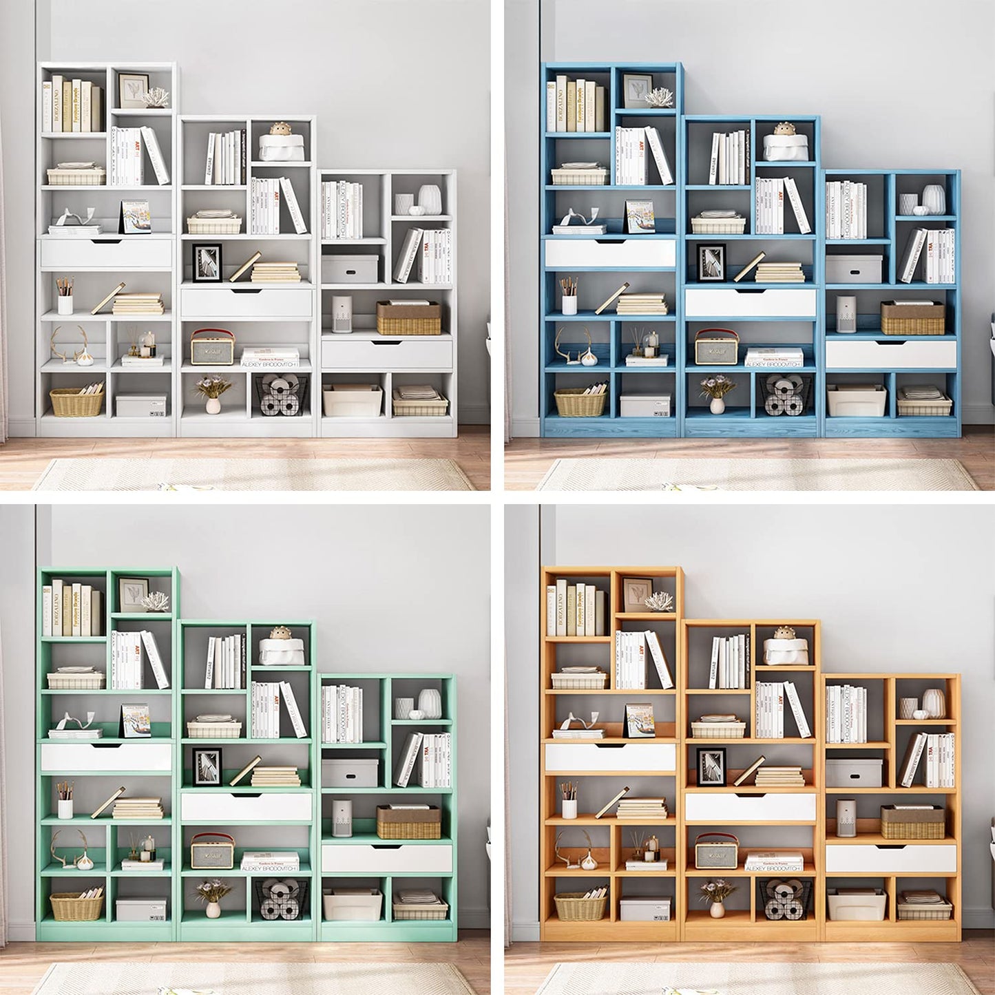 IOTXY Wooden Open Shelf Bookcase - 61 Inches Height Freestanding Display Storage Cabinet Organizer with 8 Cubes and a Drawer, Floor Standing Bookshelf in Maple Yellow