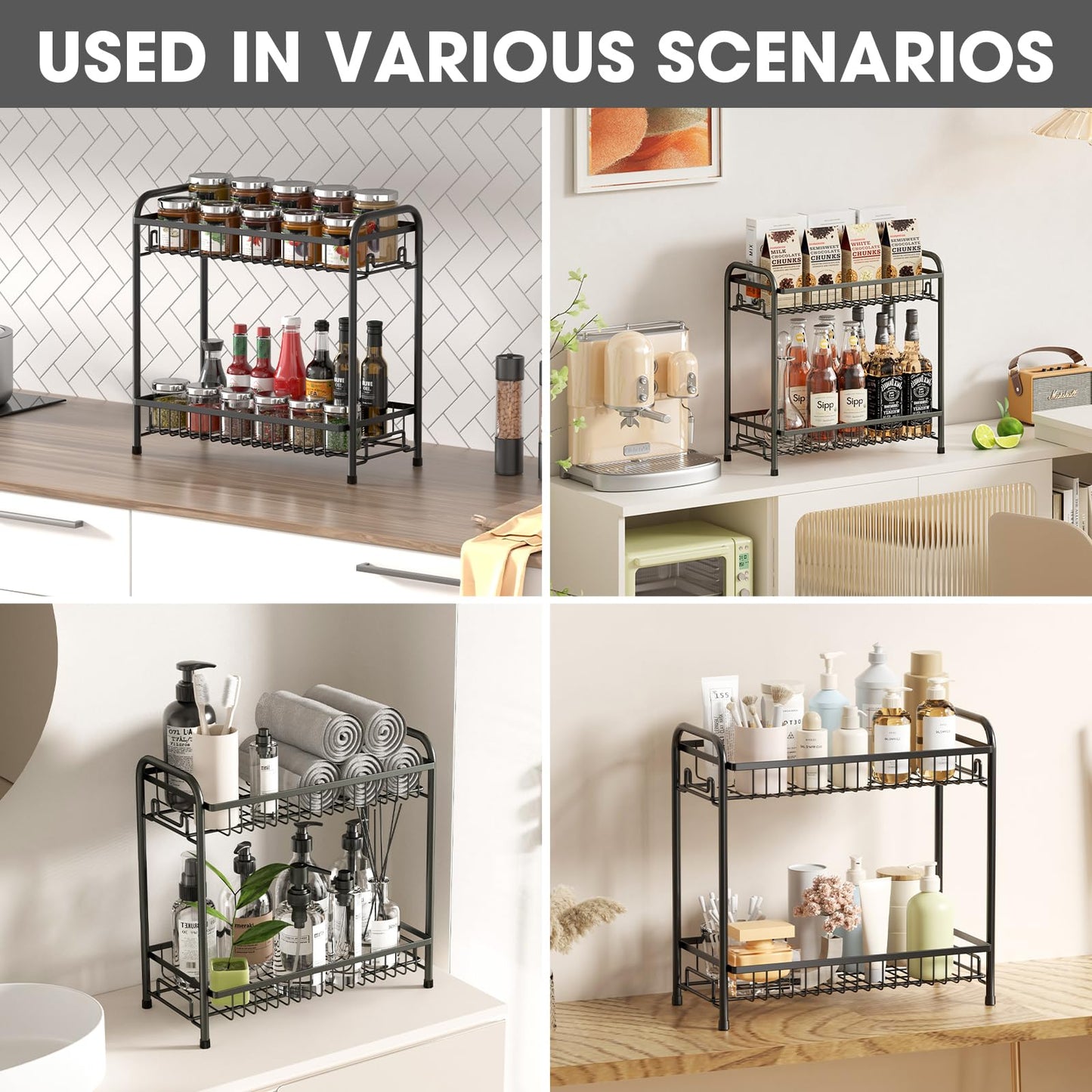 AURIKAR Spice Rack for Countertop, 2-Tier Standing Sturdy Metal Seasoning Organizer Holder, Space Saving Spice Shlef for Kitchen, Cabinet, Pantry Storage, Easy Assembly, Black