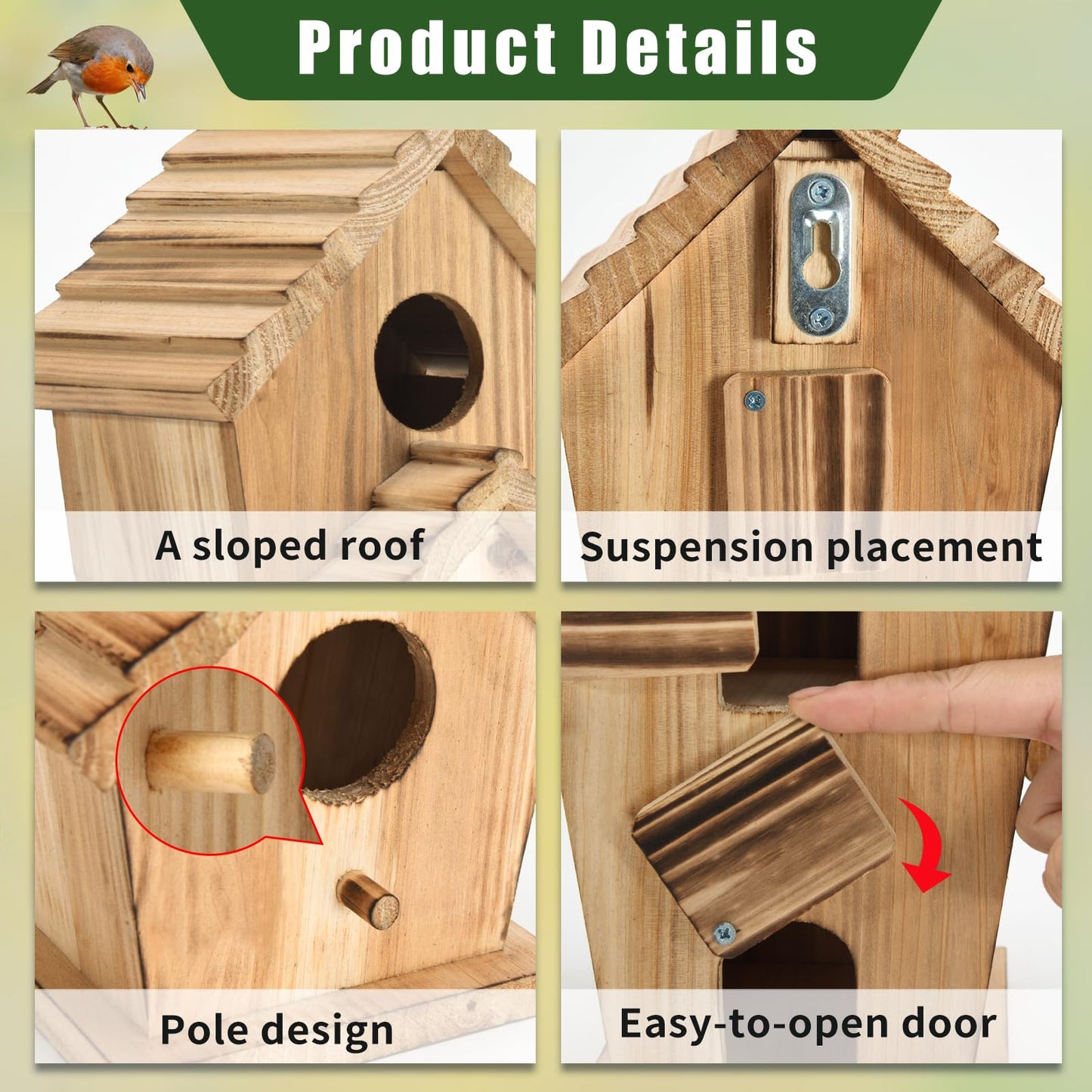 Bird Houses for Outside, Wooden Outdoor 2 Hole Bird House, Can Accommodate 2 Bird Families Suitable for Bluebird,Finch,Cardinals, Garden Hanging Birdhouse No Assembly Required
