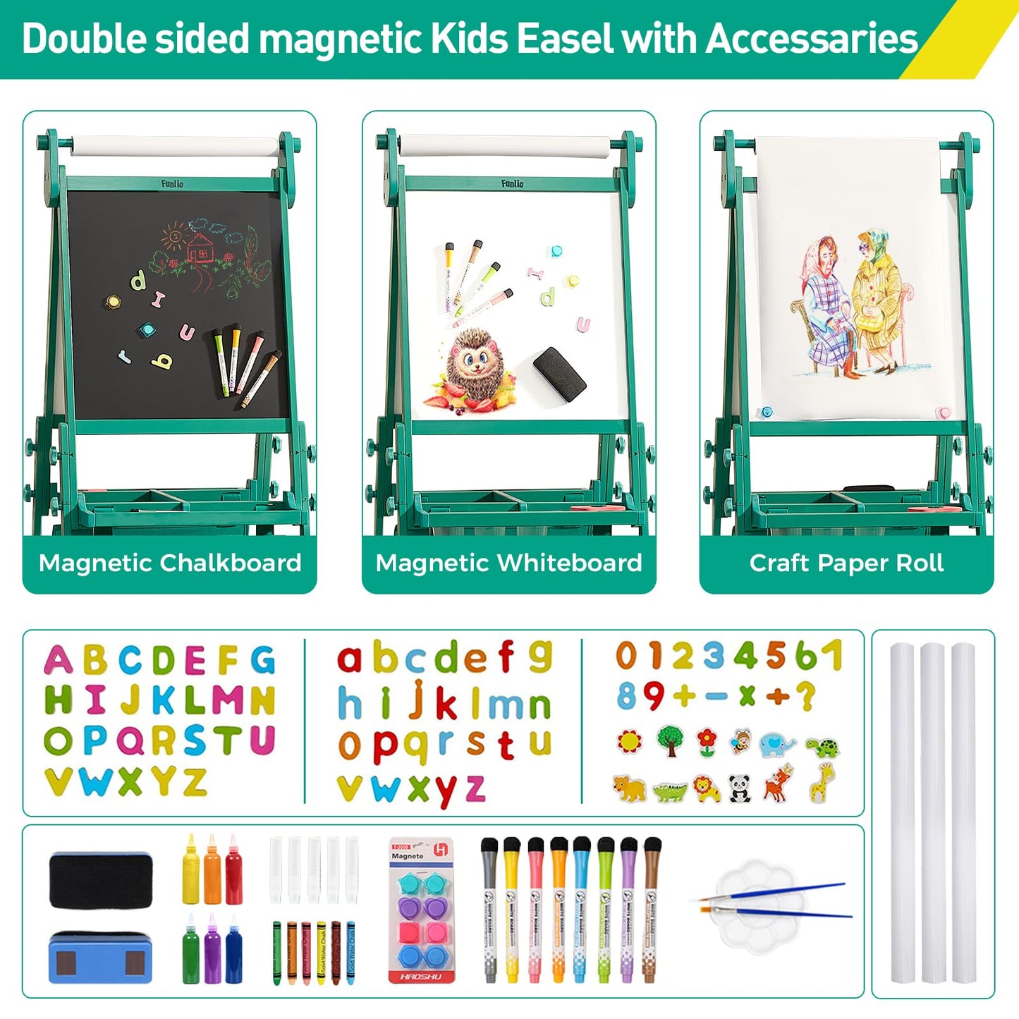 FUNLIO Foldable Anti-Warping Kids Art Easel, 3 Height Adjustable Toddler Easel, All-in-One for Kids Aged 3-8 with Paper Roll, Standing Easel with Magnetic Chalkboard/Whiteboard - Viridian Foldable
