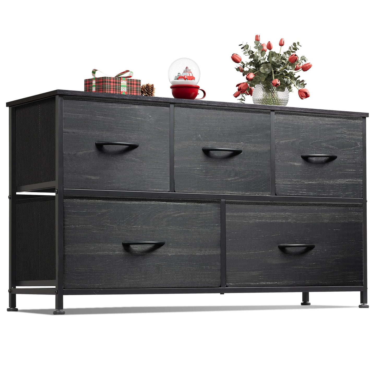 WLIVE Dresser for Bedroom with 5 Drawers, Wide Chest of Drawers, Fabric Dresser, Storage Organizer Unit with Fabric Bins for Closet, Living Room, Hallway, Charcoal Black Wood Grain Print