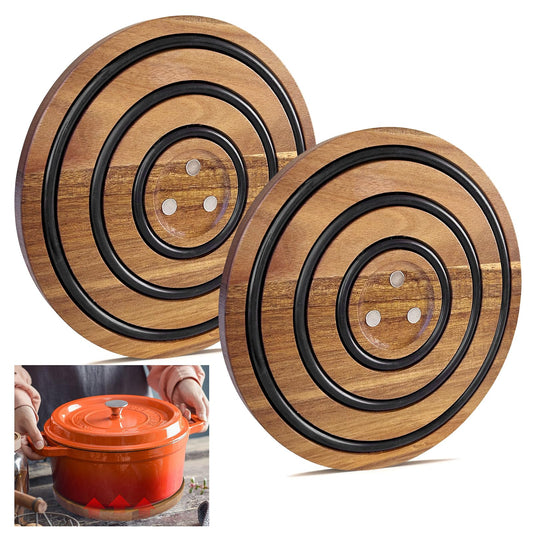 LAIAMER 2 PCS Magnetic Wooden Trivets for Hot Pots and Pans, Heat Resistant Acacia Wood Trivet with Cushioning Silicone Strips for Dutch Ovens Hot Dishes Pots Holder, for Mom Grandma