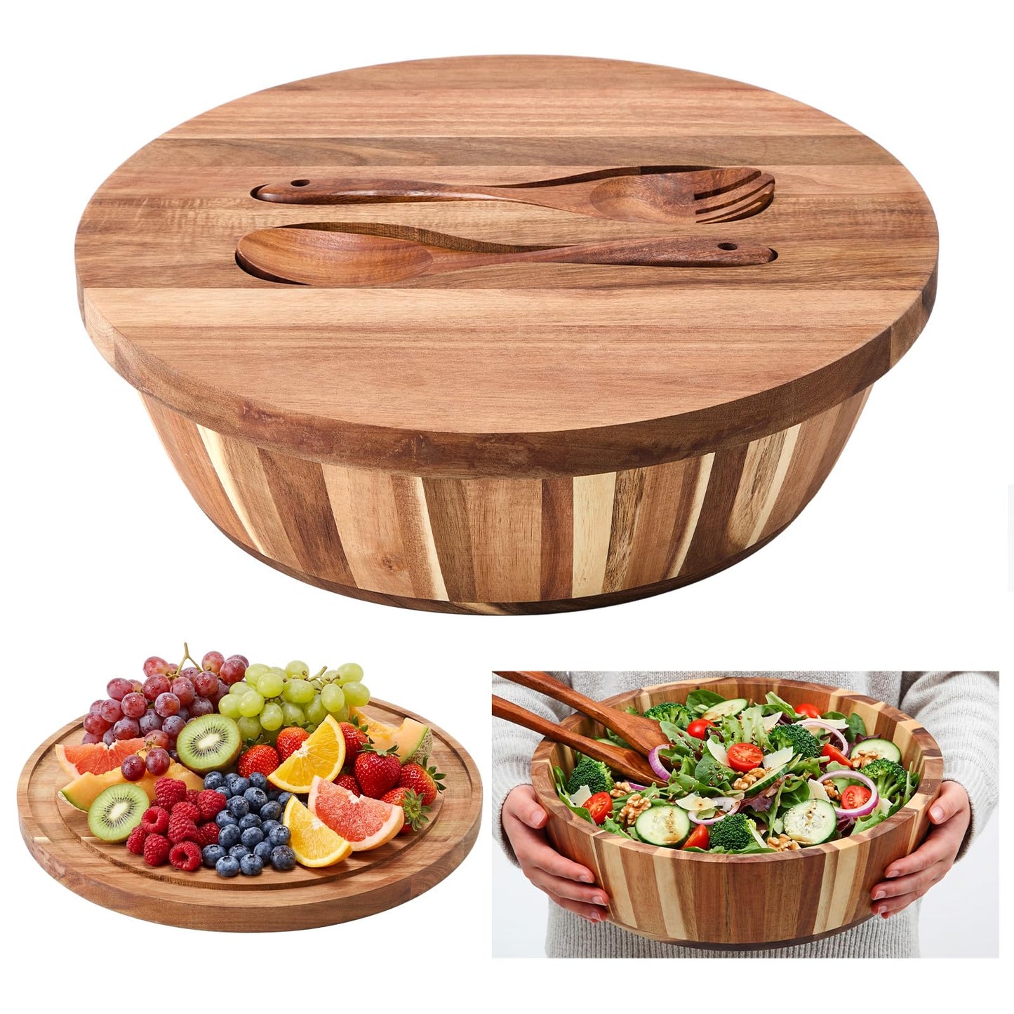 Geiserailie 16" Extra Large Acacia Wood Salad Bowl Set, 2-in-1 Wooden Serving Bowl & Charcuterie Board with Lid, Includes Spoon & Fork, Ideal for Party, Pasta, Fruit, Wedding Housewarming Gift