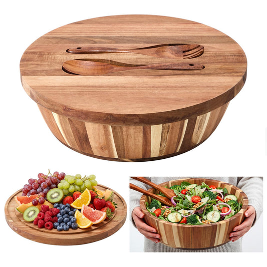 Geiserailie 16" Extra Large Acacia Wood Salad Bowl Set, 2-in-1 Wooden Serving Bowl & Charcuterie Board with Lid, Includes Spoon & Fork, Ideal for Party, Pasta, Fruit, Wedding Housewarming Gift