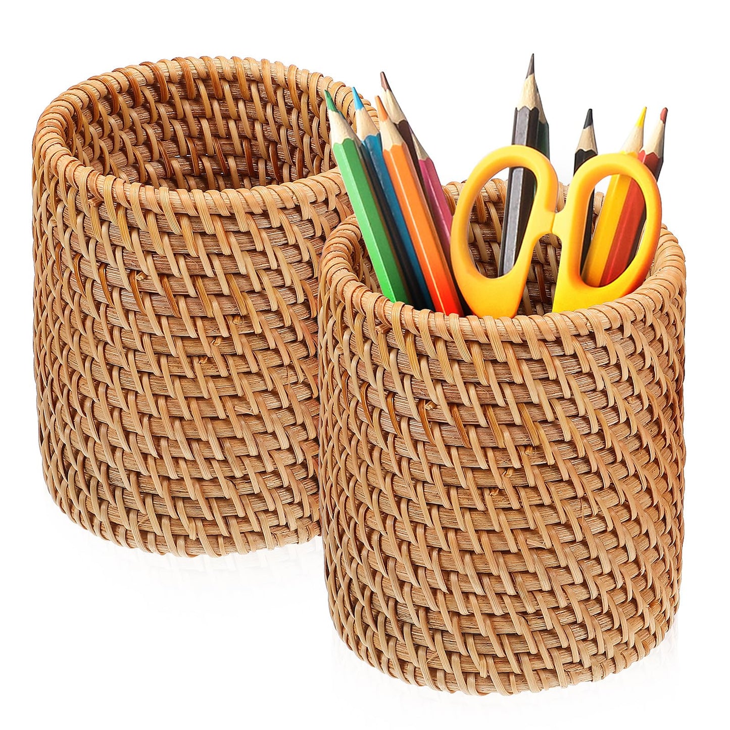 Lurrose 2pcs Rattan Pencil Holder Handmade Pen Cup Wicker Makeup Brushes Holder Woven Vine Pen Container Desk Organizer for Home Office Desktop Kitchen Utensil