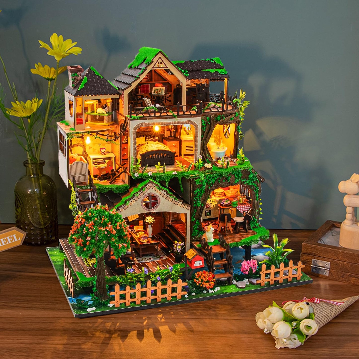CUTEROOM Miniature House Kits for Adults, Mini Dollhouse Wooden Furniture Kit, DIY Craft Kits Creative Room Tiny House for Decoration-Fairytail Forest