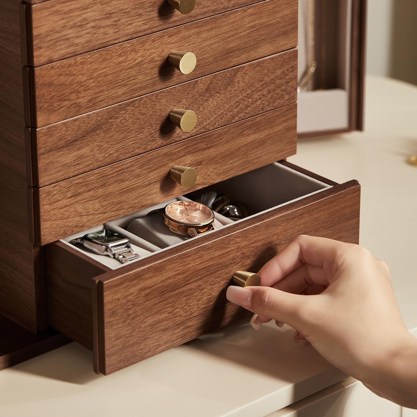 CHOSIN Black Walnut Wooden Jewelry Box, 6-Layer Lockable Wood Jewelry Organizer with Mirror, Side Doors & Brass Handle, Classical Design for Rings, Necklaces, Earrings, Fathers Day Gift