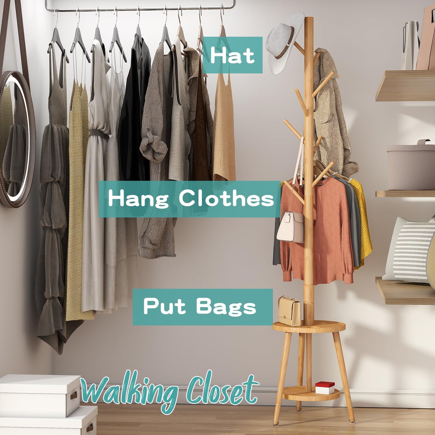 Coat Rack, Bamboo Wood Coat Freestanding with Umbrella Holder, Adjustable Height Coat Stand with 8 Hooks, kids coat rack, Used In The Bedroom Living Room, Office To Hang Clothes, Hats, Bags (Natural)