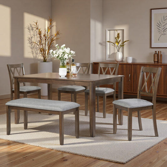 Trygoal Dining Table Set, Wooden Kitchen Table Set with Rectangular Table, 4 Vertical X Backrest Upholstered Chairs & a Bench, Table and Chairs with Non-Slip Feetmats for 6 People, Living Room, Walnut