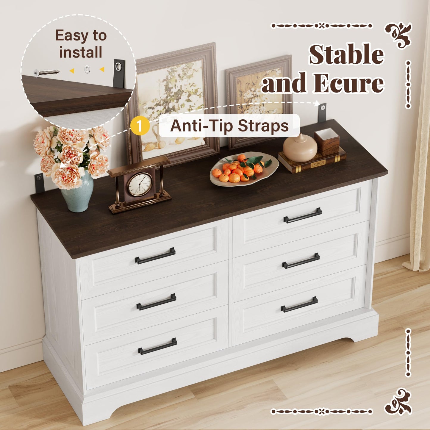 Furmax Farmhouse Dresser for Bedroom, 6 Drawers Dresser, Wood Chest of Drawers, 47.2" Wide Storage Dressers Organizer for Bedroom, Living Room, White and Brown