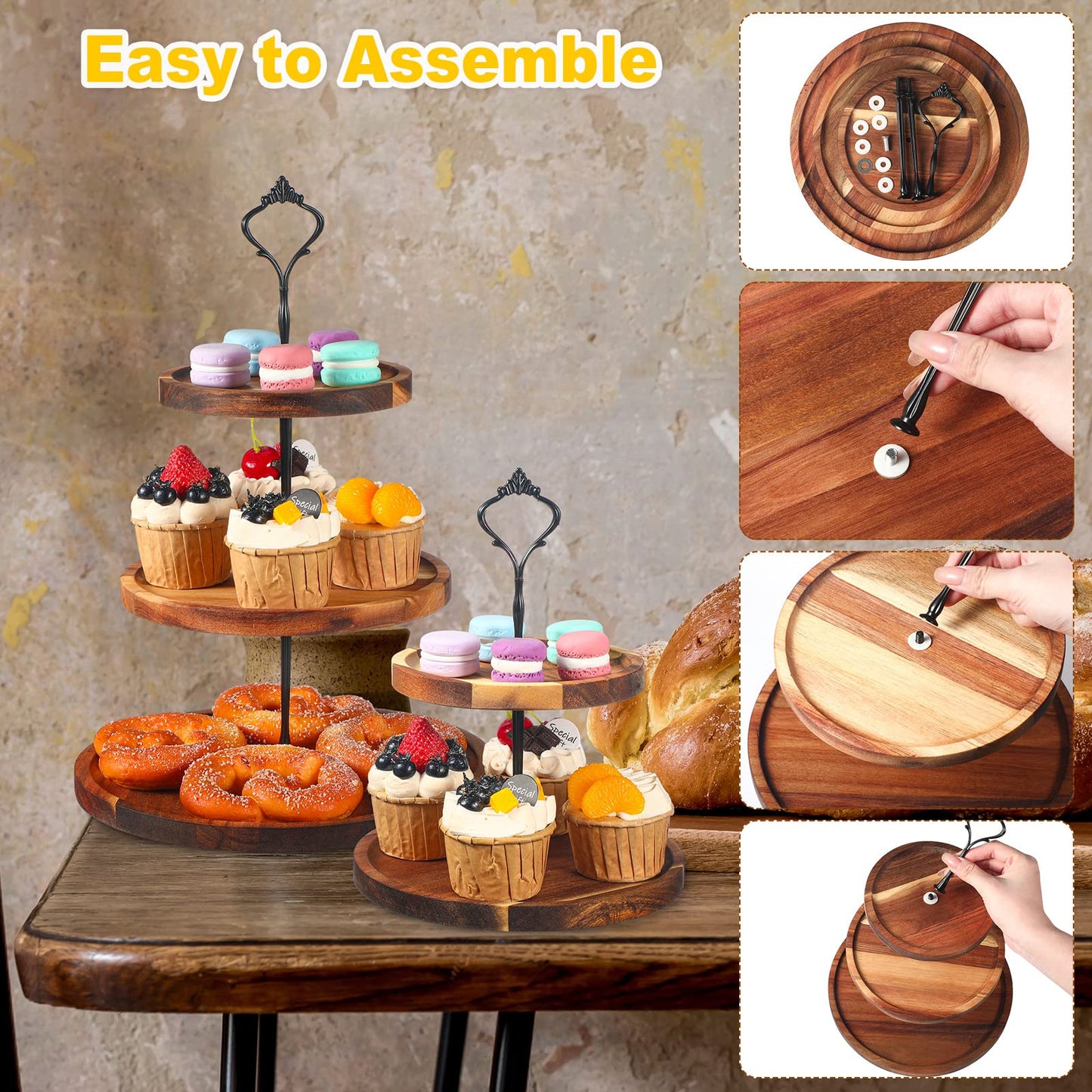 Maitys 2 Pack Wooden Cupcake Stand Rustic Cupcake Tower 3 Tier 2 Tier Holder Farmhouse Tiered Serving Tray Food Display Stands for Dessert Tea Party Wedding Birthday Kitchen Table Decorations