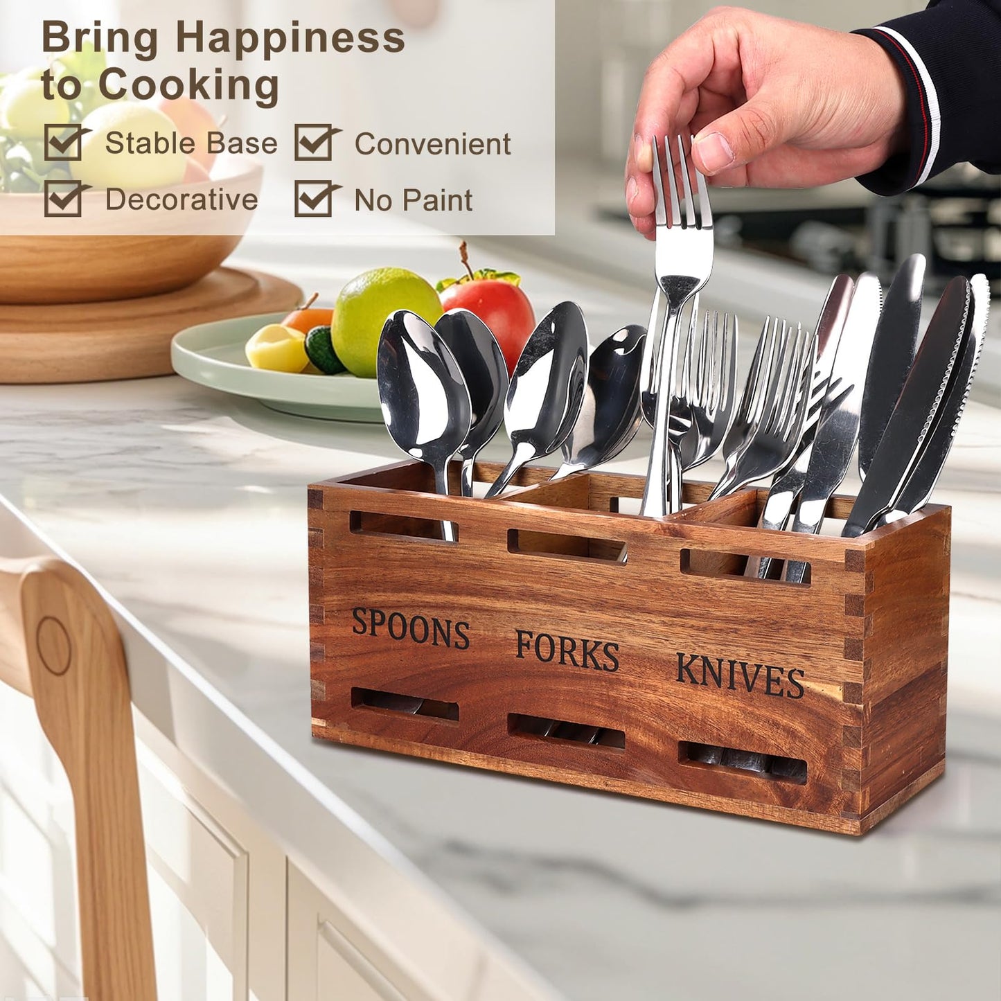 Gtencemen Acacia Wood Silverware Caddy Wooden Flatware Cutlery Holder Silverware Organizer Storage Small Utensil Holder for Kitchen Counter Spoon and Fork Holder Flatware Utensil Caddy for Party