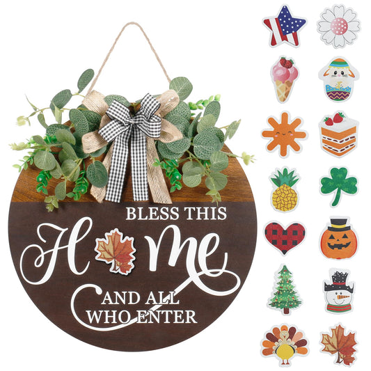 Interchangeable Seasonal Welcome Sign for Front Door, Rustic Round Wood Wreath Wall Hanging Decorations, for Spring Summer Fall Winter All Holiday Halloween Christmas Farmhouse Outdoor Home Decor