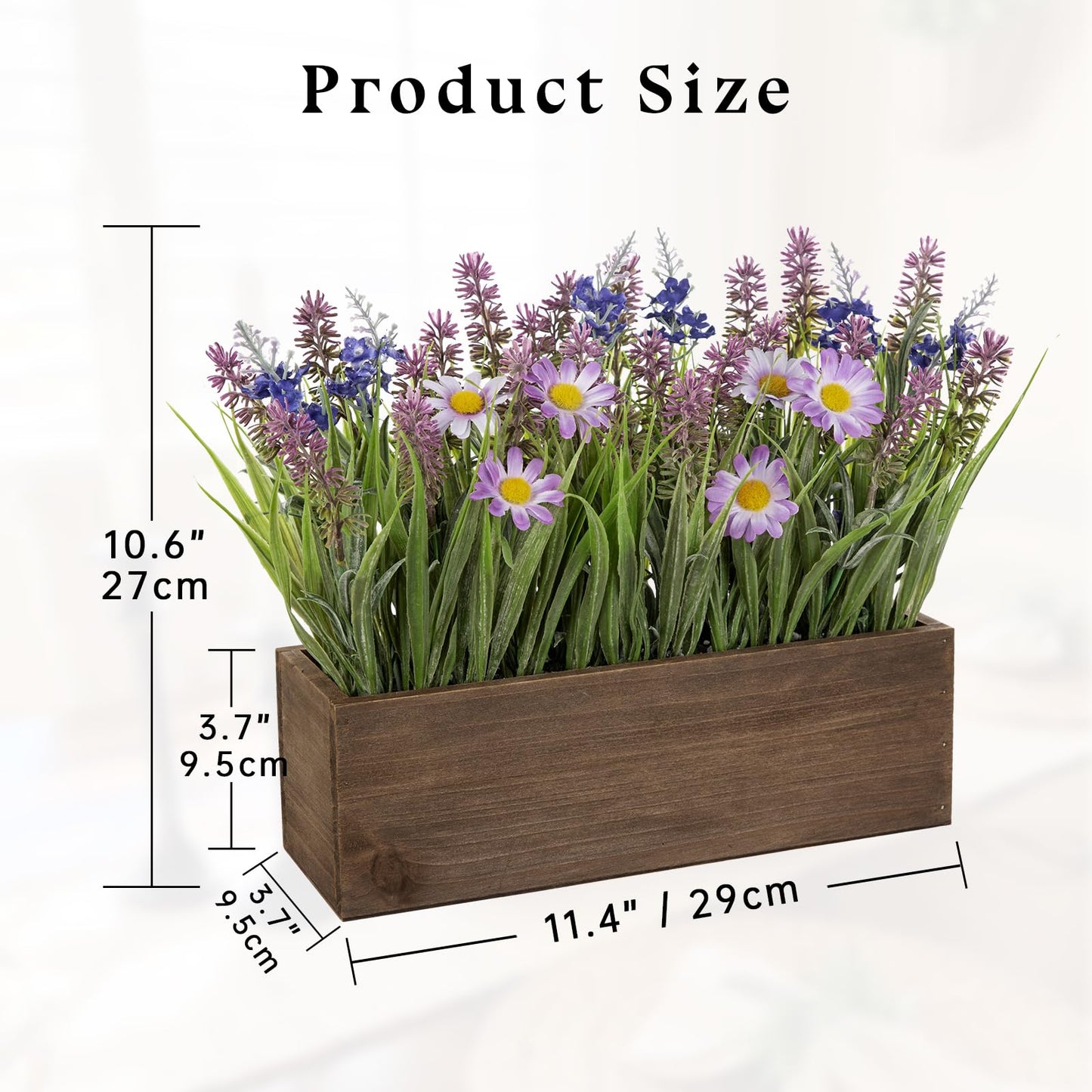 Artificial Lavender Flowers Arrangement in Rectangular Wood Planter Box, 10.6" Fake Potted Lavender Flowers with Daisies, Faux Lavender Plant for Centerpieces, Window Sill, Shelf, Home & Office Decor