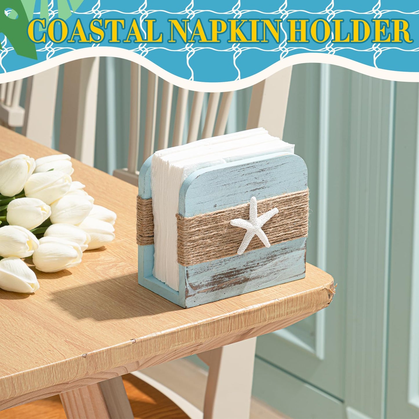 Fiwochic Natural Wooden Napkin Holder, Farmhouse Napkin Holders Upright Wooden Tissue Dispenser for Kitchen Dining Room Table Decor Indoor & Outdoor Use (Beach Style,Blue)