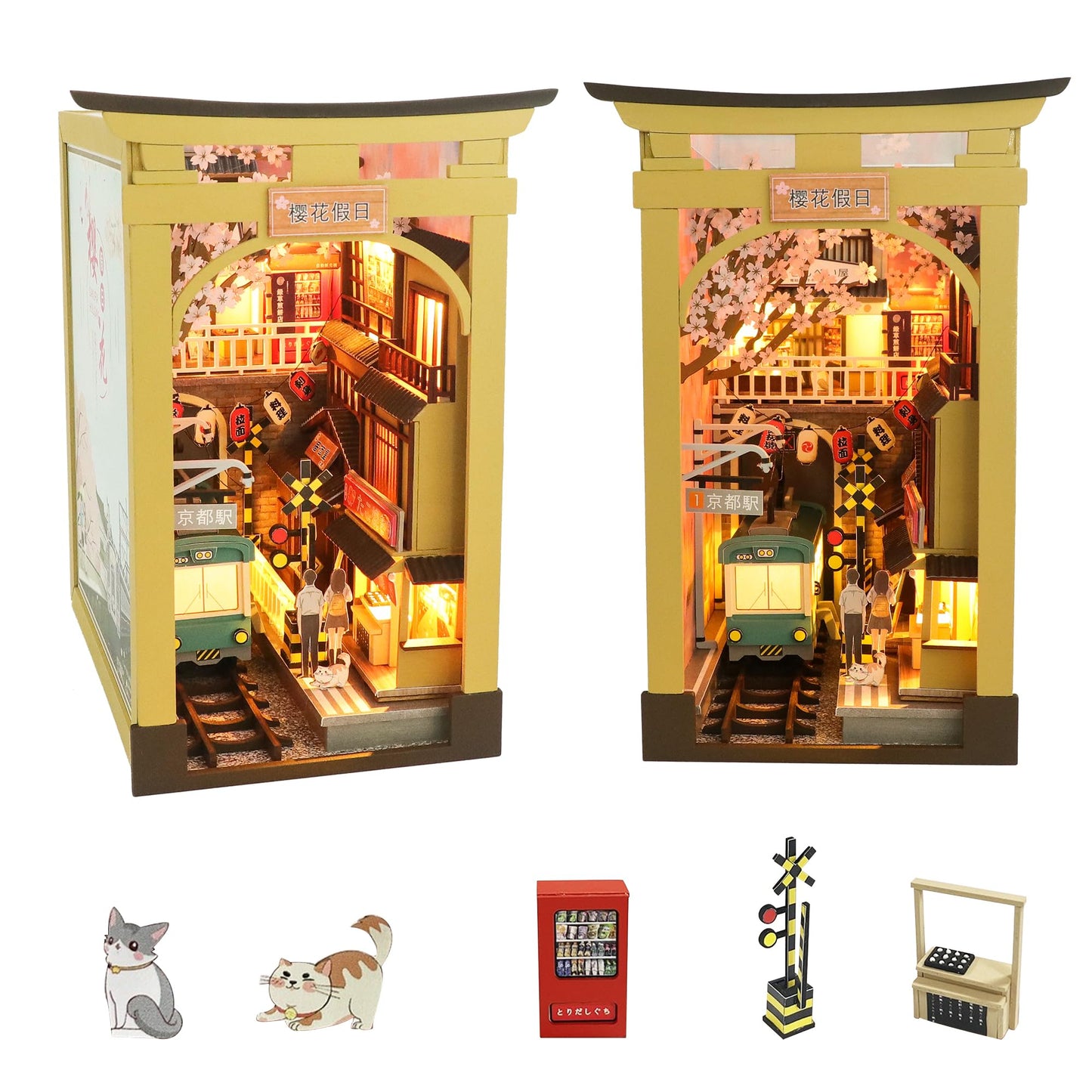 Flever Dollhouse DIY Book Nook Miniature Kit, DIY Booknook Bookshelf Insert Decor, 3D Wooden Puzzle Booknook Miniature Kit for Creative Assembled Bookends (Sakura Holiday)