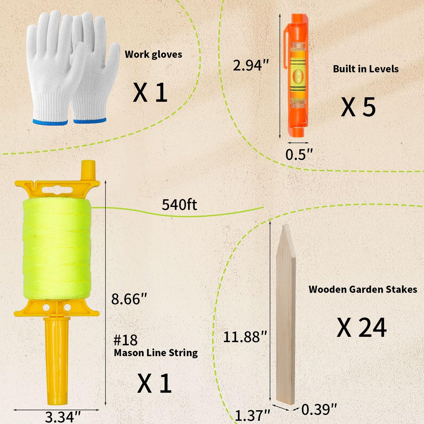 Fluorescent Green Construction String Line Kit: 24 Pcs 12" Wooden Garden Stakes, #18 560ft Mason Line with Handle, 5 String Levels, 2 Pairs Work Gloves | for Outdoor DIY, Landscaping, Yard & Fence