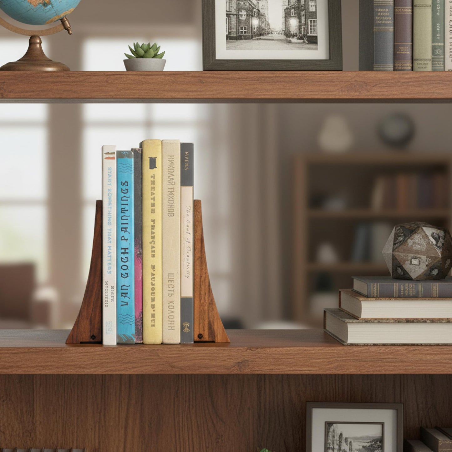 TILISMA Walnut Bookends for Shelves | Wooden Book Ends for Shelves | Sturdy Book Holders, Stoppers with Metal Base for Bookshelves | Slick Decorative Bookends Stands Firmly on Bookshelf (4 Pair)