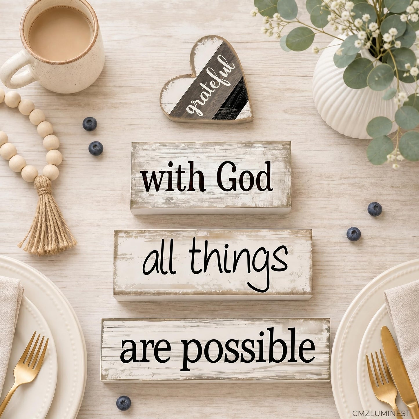 4 Pcs Christian Farmhouse Table Decor, Religious Wooden Farmhouse Tiered Tray Decorations with Heart Grateful Sign, With God All Things Are Possible Home Decor for Kitchen, Office, Mantel, Coffee Bar