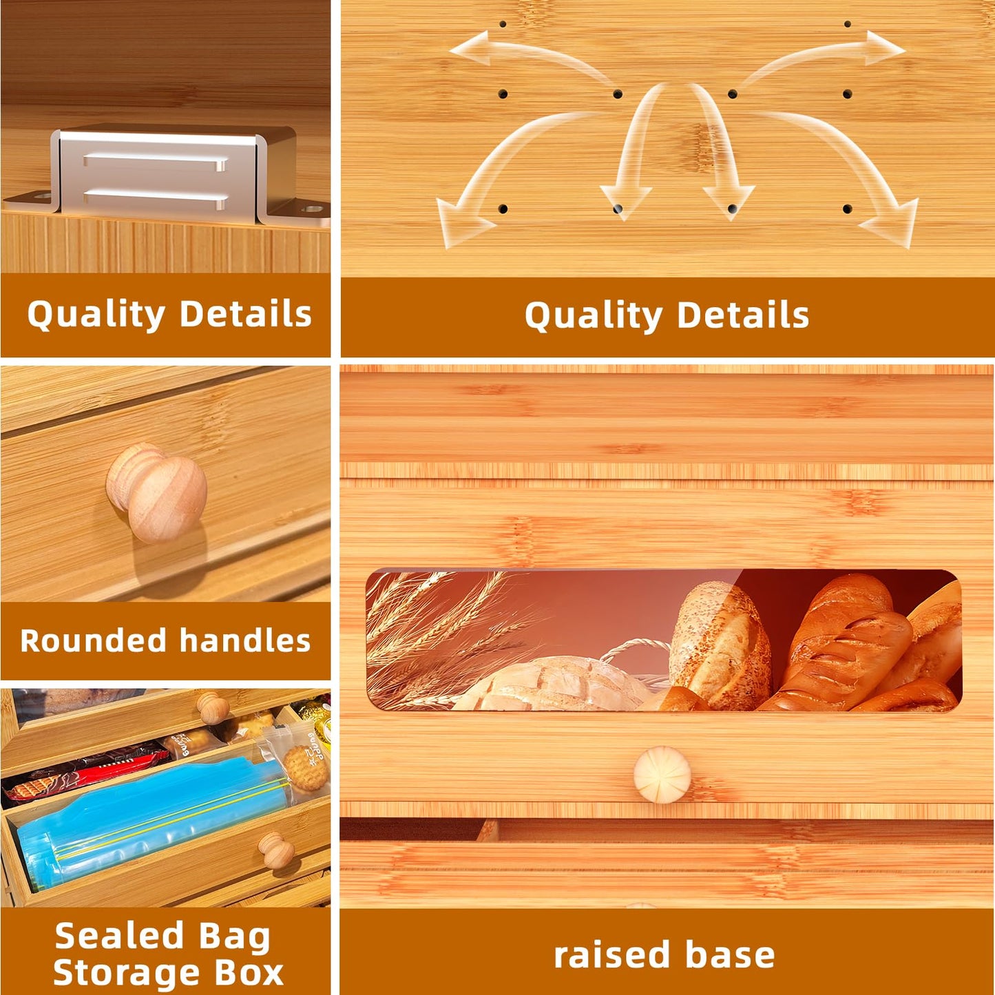 Aromfentu Bamboo Bread Box for Kitchen Countertop & Dining Room,Wooden Storage with Display Compartment & Built-in Bread Slicer,Eco-Friendly Organizer for Homemakers, Bakers & Bread Lovers ﻿