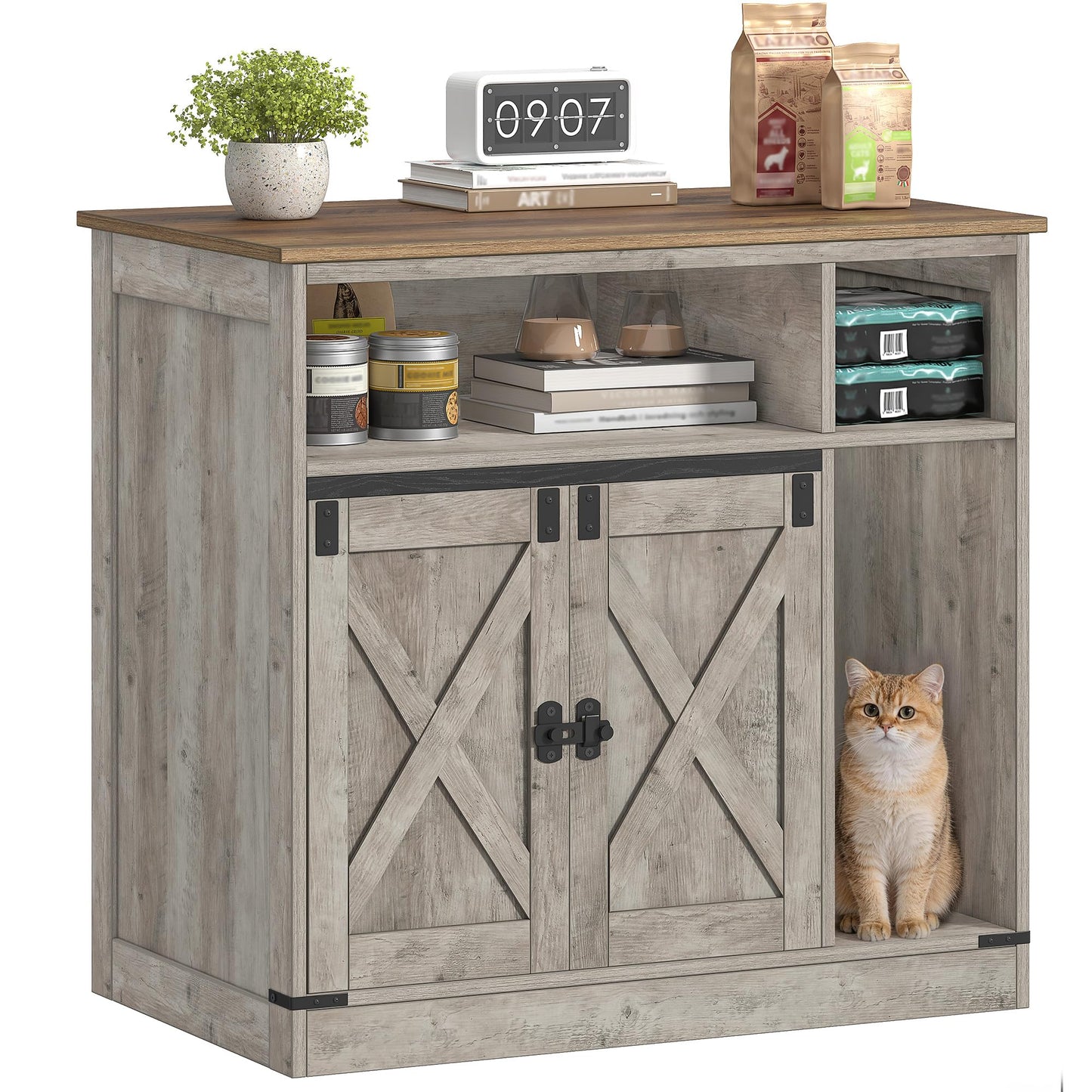 Hzuaneri Cat Litter Box Enclosure, Hidden Litter Box Furniture with Storage, Wooden Cat Cabinet with Scratch Pad, Farmhouse Cat Washroom, TV Stand End Table, Greige CB87505X