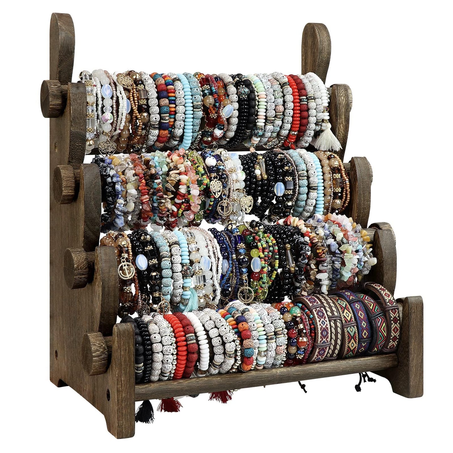 TOPNEW 4 Tier Wooden Bracelet Holder, Scrunchie Bangle Watch Necklace Display Storage Jewelry Holder Stand Display Organizer, Brown