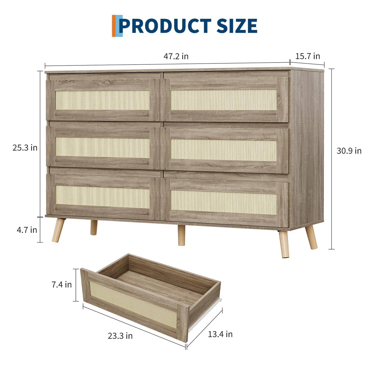 Patikuin Modern Rattan 6 Drawer Dresser for Bedroom, Wooden Chest of Drawers with Storage, Clothes Organizer Cabinet for Nursery, Living Room, Entryway, Natural Finish