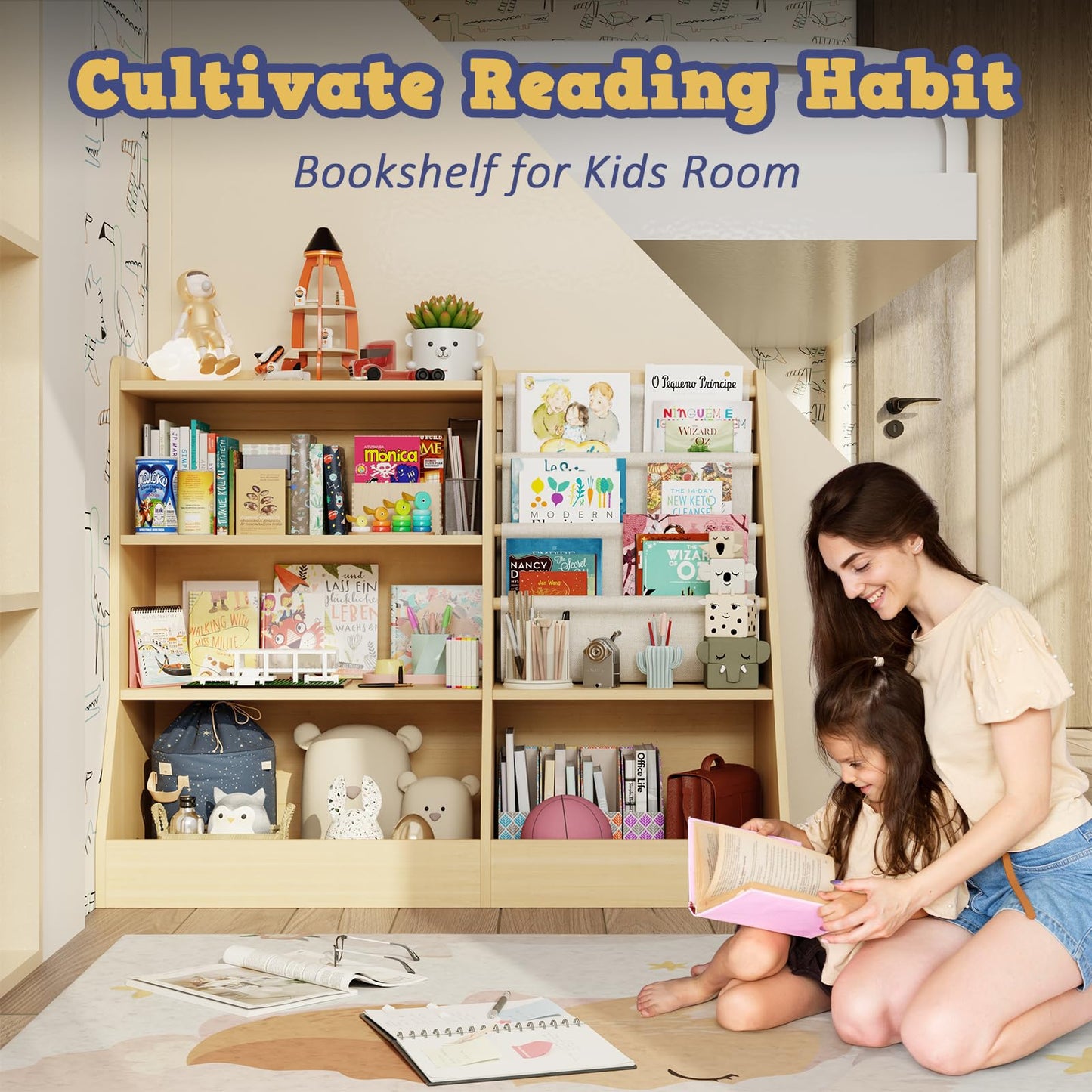 IKALIFE 39" Large Kids Wooden Bookshelf and Toy Storage Organizer, Baby Bookcase with Sling Book Rack, Children Toddler Wooden Book Shelf for kids rooms, Playroom, Classroom, Nursery, School (Natural)