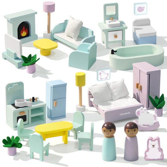 Pillowhale Wooden Dollhouse Furniture Set,36-Piece Dollhouse Furniture & Accessories for 6 Rooms,Interactive Pretend Play Furniture Toys, Gift for Kids Age 3+