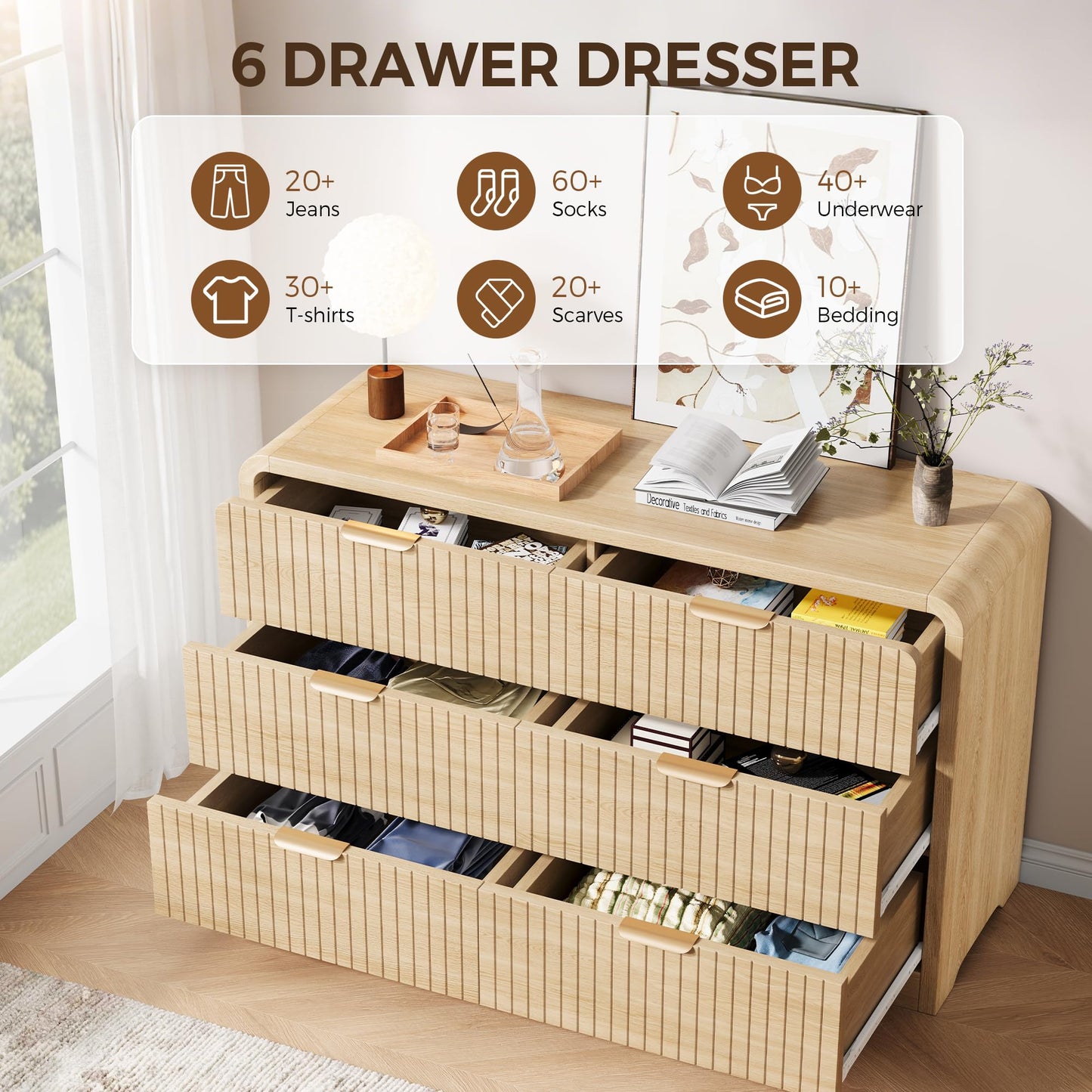Jocoevol Modern 6 Drawer Dresser, 47" Wide Wood Dressers & Chests of Drawers Curved Profile Design, Mid Century Modern Fluted Dresser for Bedroom, Natural Oak