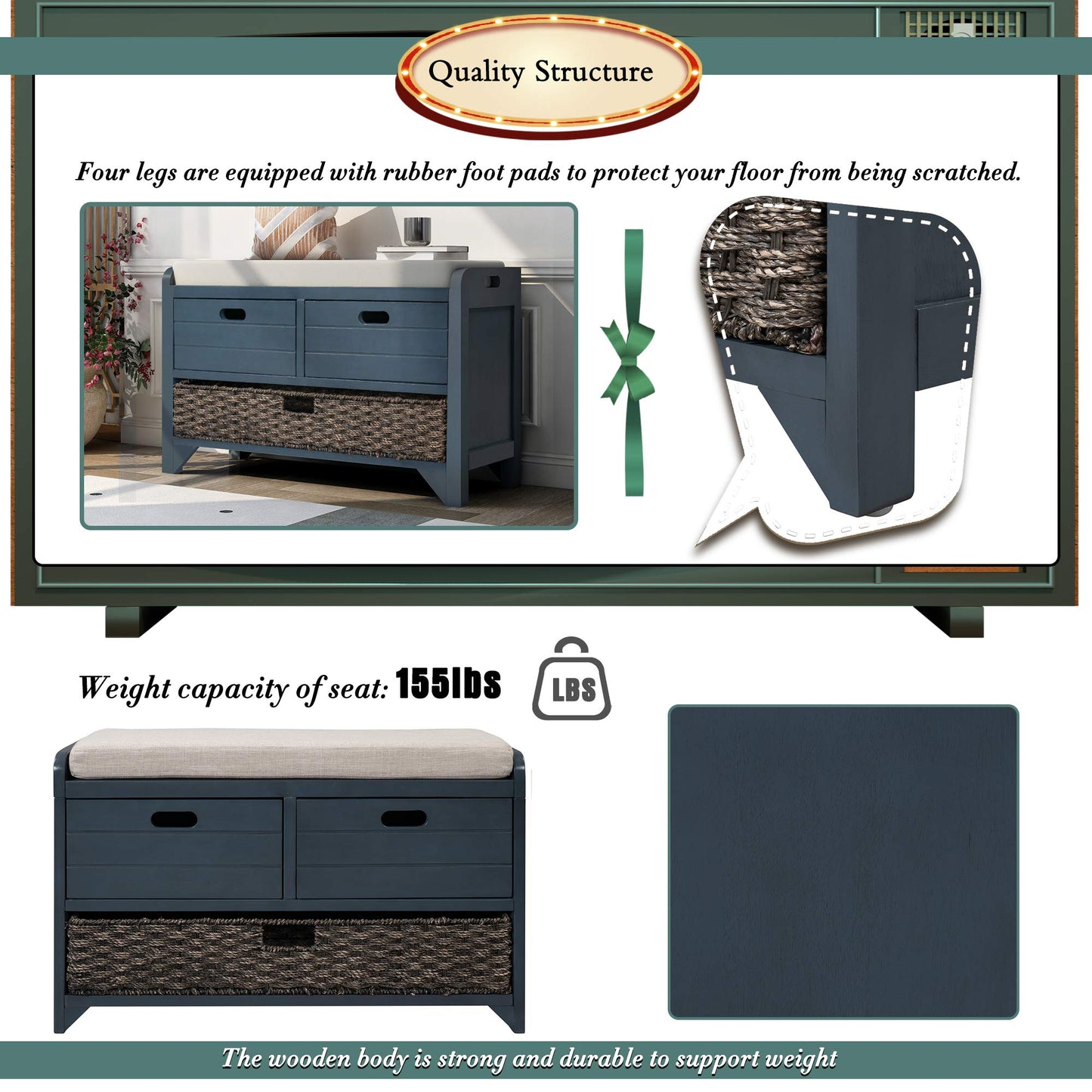 Brisca Wood Storage Bench with 1 Removable Basket and 2 Drawers,Fully Assembled Shoe Stool,W/Removable Cushion,for Hallway,Entryway,Bedroom,Living Room,Navy