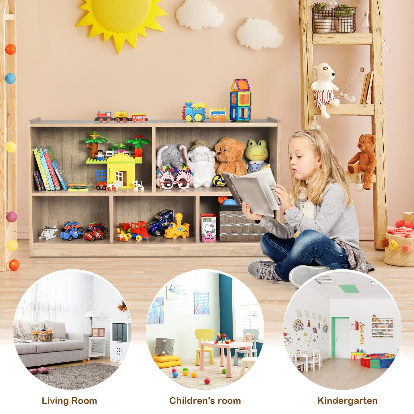 Costzon 2-Shelf Bookcase for Kids, Wooden Toy Storage Organizer for Books Toys, 5-Section Freestanding Classroom Daycare Montessori Bookshelf for Preschool, Home Playroom & Kindergarten
