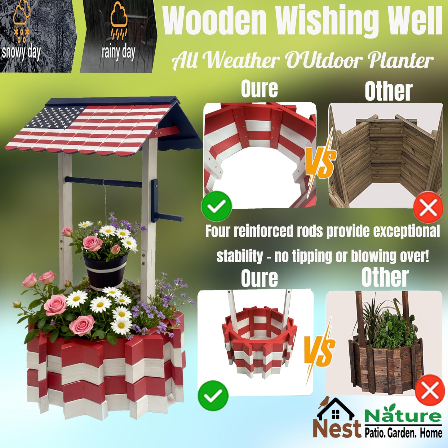 NestNature Wishing Wells for Outside|Wooden Wishing Well Planter for Yard