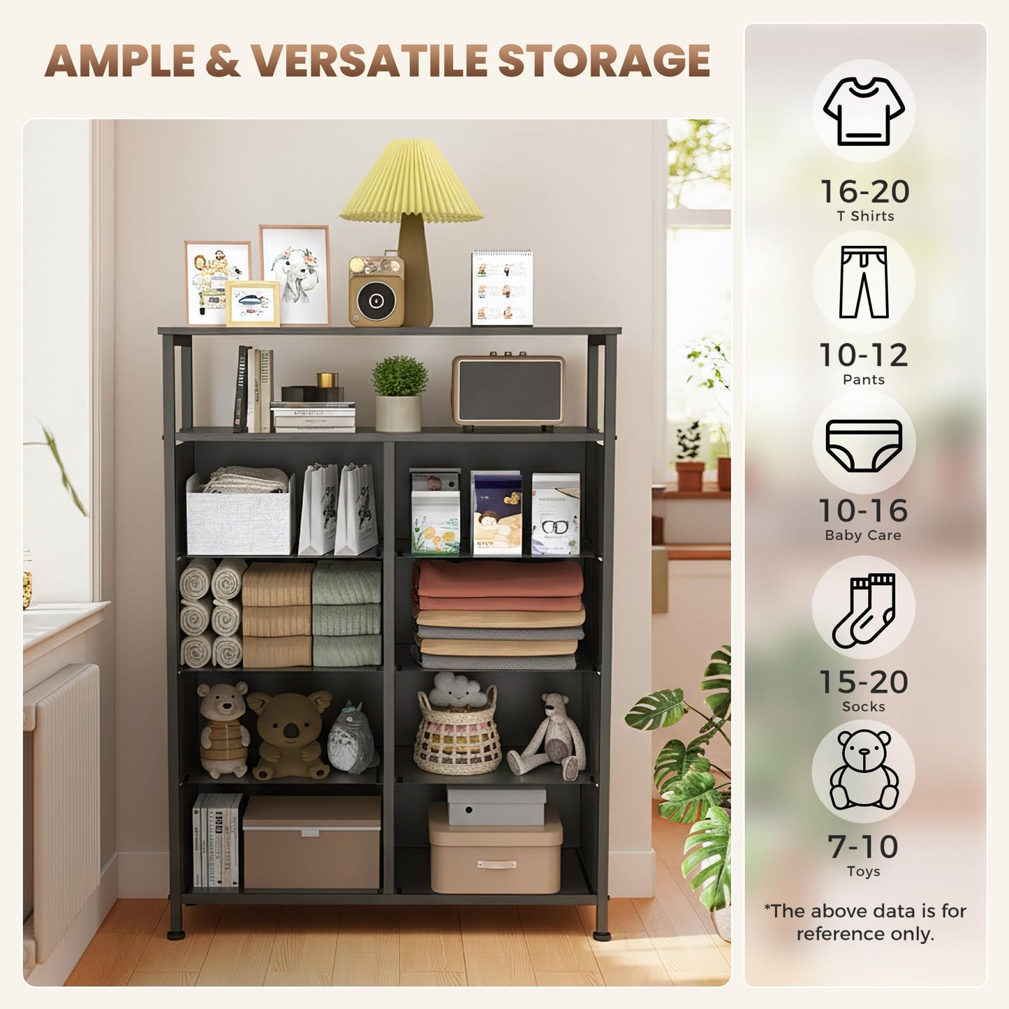 DUMOS Fabric Dresser for Bedroom with 8 Drawers, Tall 8-Drawer Chest of Drawers with Raised Shelf, Storage Tower with Fabric Bins for Closet Organization, Hallway Storage, Black