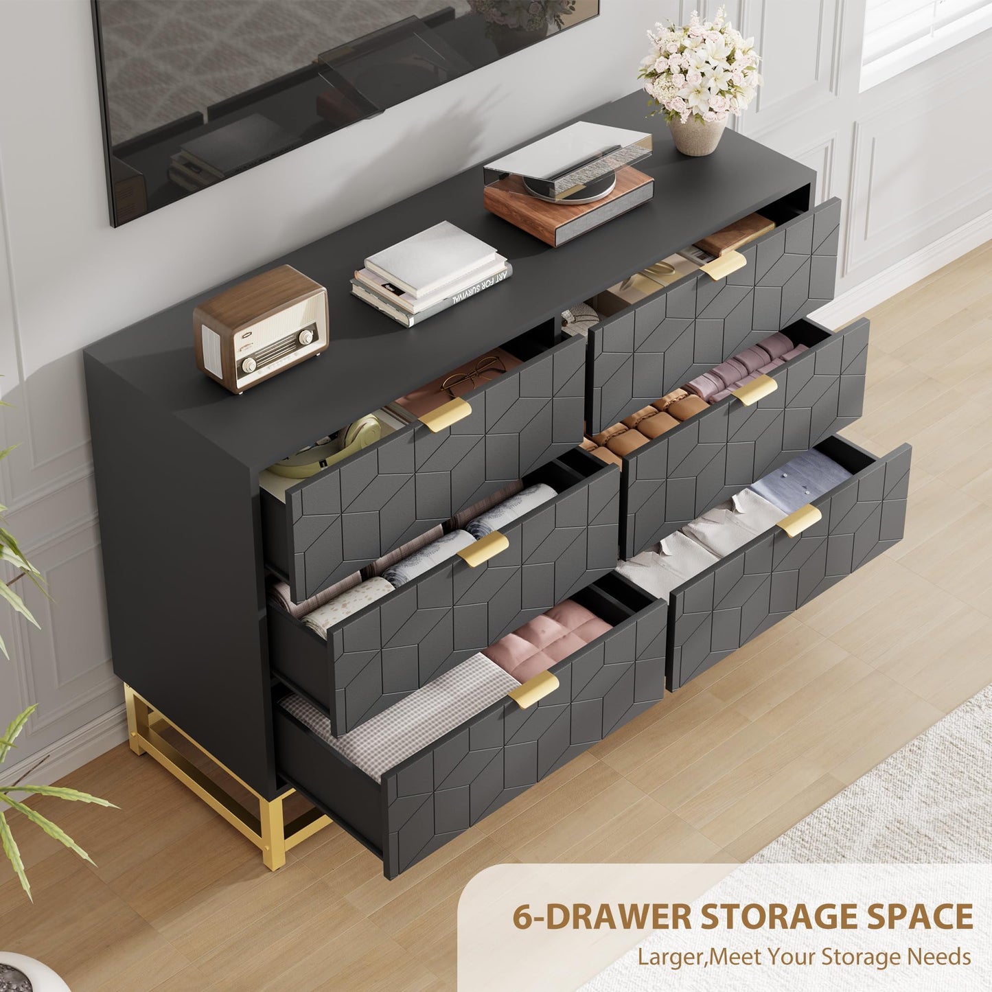 GAOMON Black 6 Drawer Double Dresser,Modern Dresser for Bedroom with Gold Handles,Long Storage Organizer for Closet & TV Stand,Large Chest of Drawers for Living Room,Hallway,Entryway