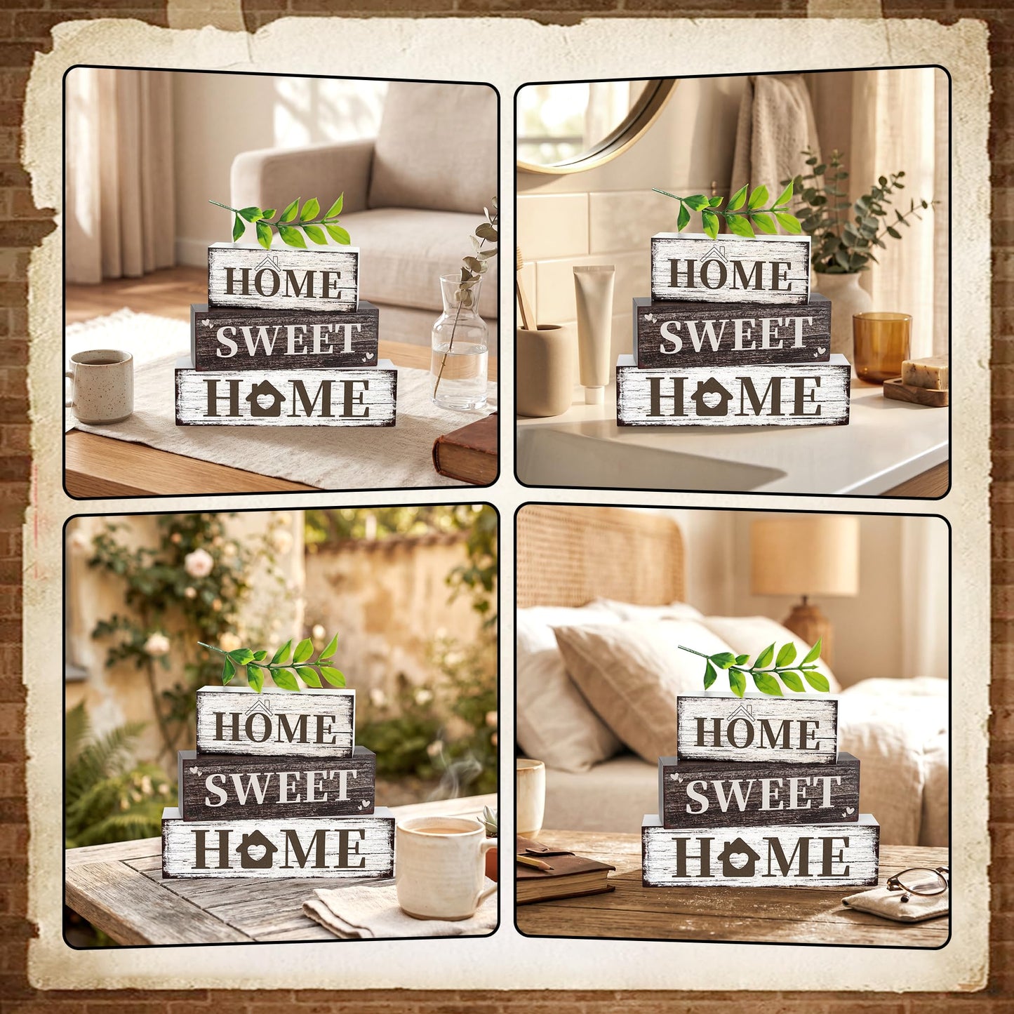 4 Pcs Home Farmhouse Wooden Tiered Tray Decor, Eucalyptus Leaves Retro Rustic Table Centerpiece Decorations Gifts for Home Kitchen Mantel Table Shelf Office
