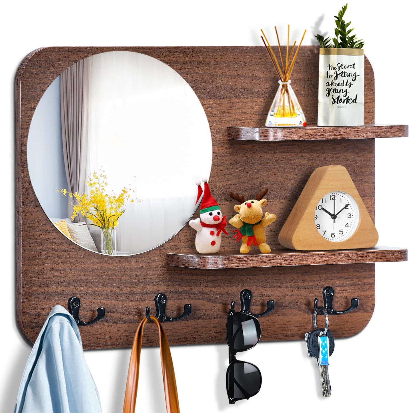 YeadCedle Coat Rack with Shelf Rustic Wooden Wall Mounted Hanging Coat Rack with Mirror Shelves and 4 Double Hooks Decorative Entryway Hook Shelf for Hallway Living Room Bedroom 16"x12" (Brown S)