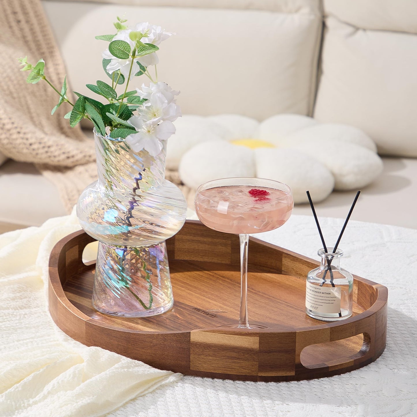 Acacia Wood Serving Tray with Handles - 17'' x 13'' Round, Decorative Ottoman Trays for Breakfast, Home Decor, Tea Party, Coffee Table, Candle Display, Kitchen Counter Board