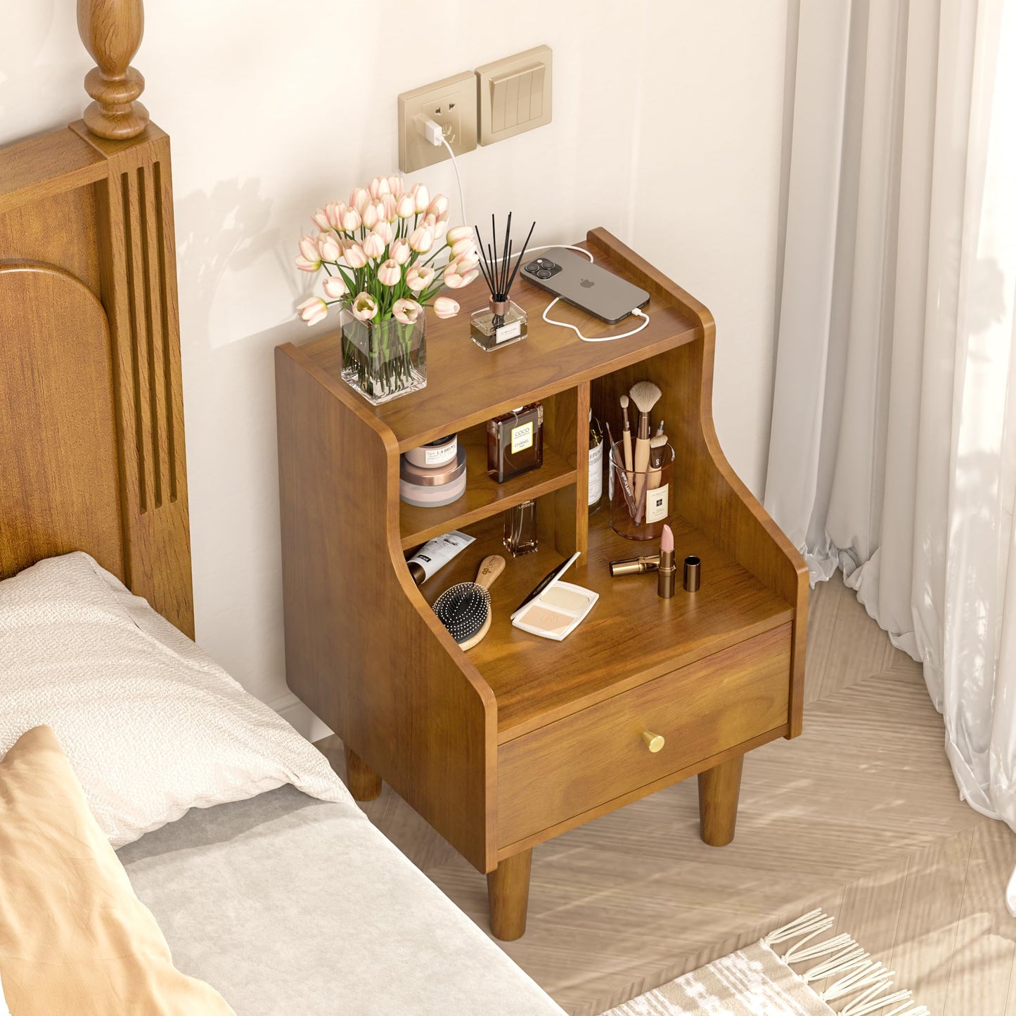 Solid Wood Nightstand, Walnut Bookshelf Nightstand with Open Storage Shelves, Mid Century Modern Night Stand with Drawer, Bedside Table for Bedroom
