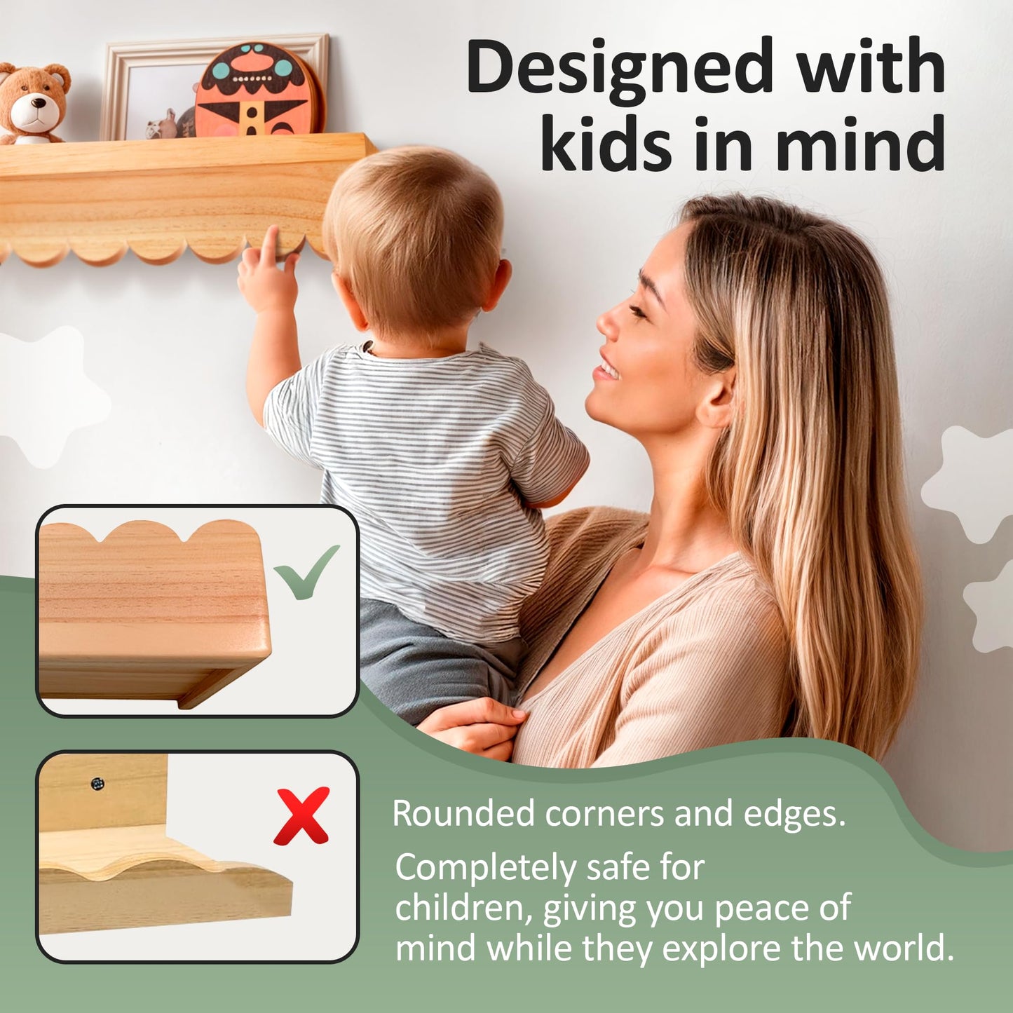 Green Goods Supply Scalloped Shelves - Set of 2 Pre-Assembled 15.6inch Floating Nursery Book Shelves, Scalloped Book Shelf - Kids Wall Bookshelf, Nursery Decor, Floating Shelves for Wall