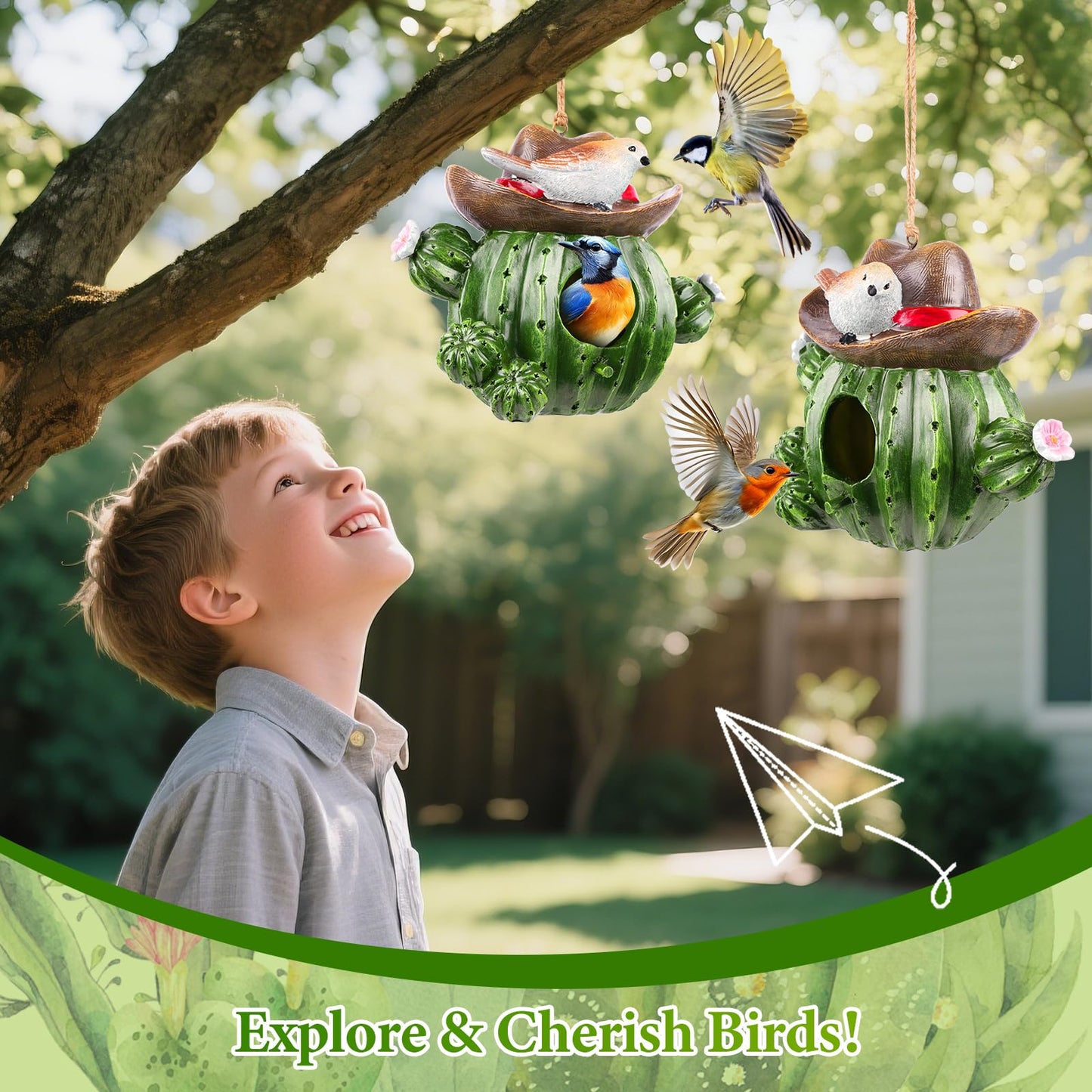 Bird Houses for Outside – Hand-Painted Decorative Bird House, Waterproof Resin Hanging Birdhouse for Patio, Yard, Porch & Garden Decor