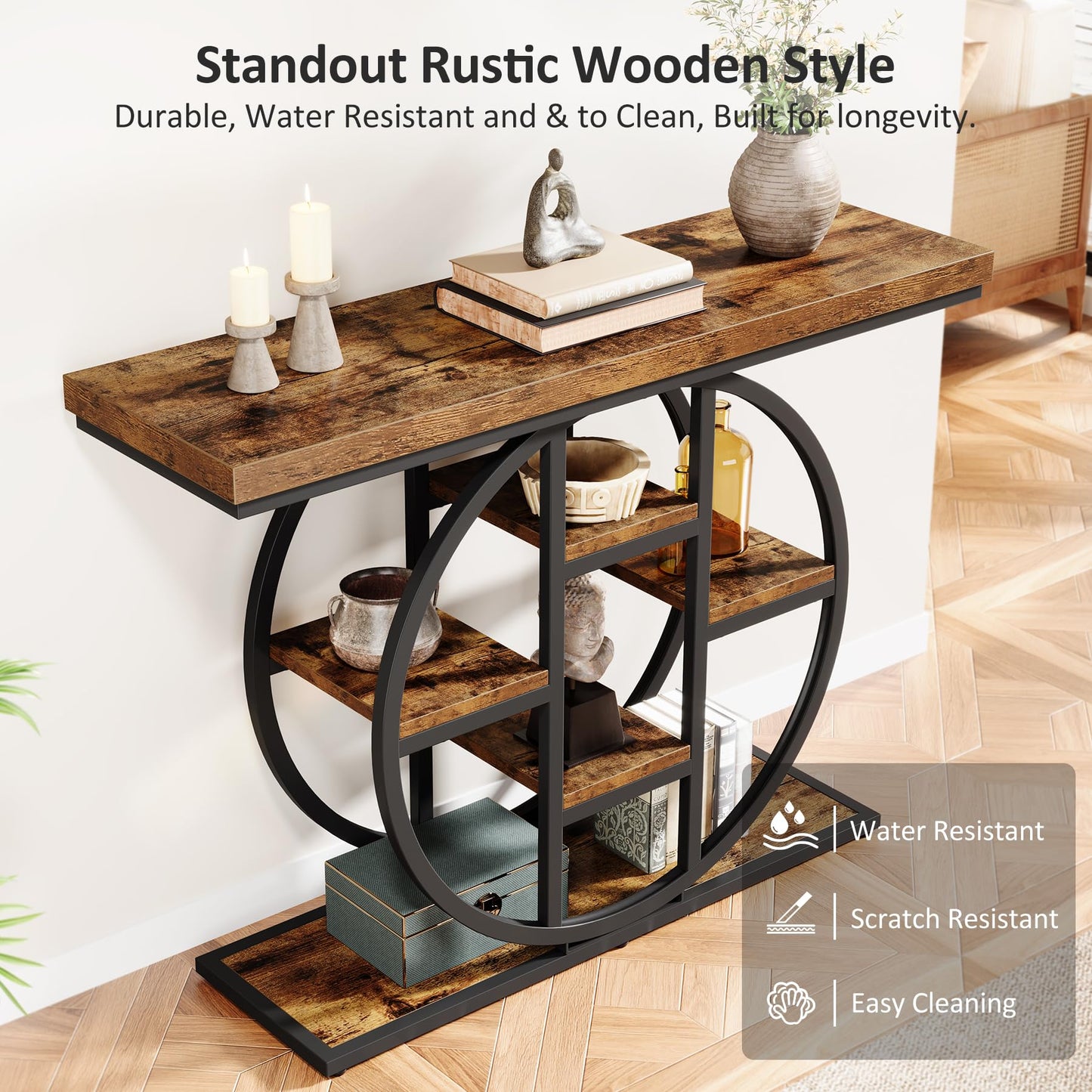 Celaform 41" Console Table for Entryway, 4-Tier Industrial Narrow Wood Sofa Accent Tables with Circle Storage Shelves for Living Room, Hallway, Foyer (Rustic Brown)