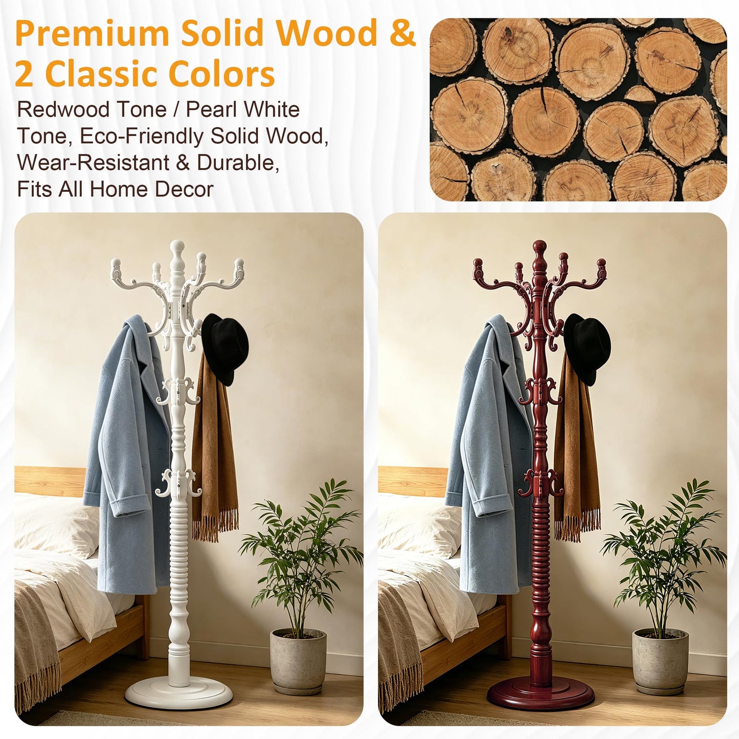 Oiotuesa Wood Coat Rack Freestanding with 14 hooks, Vintage Jacket hanger Tree for Entryway, Bedroom, Office, Hallway, 3-level Height Adjustment